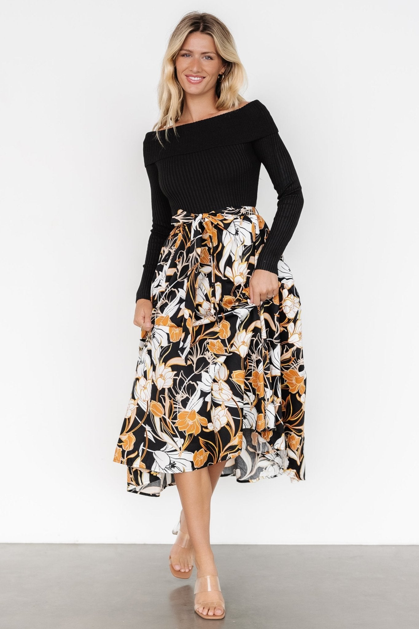Selma Floral Off-Shoulder Dress with Pockets - Black Multi