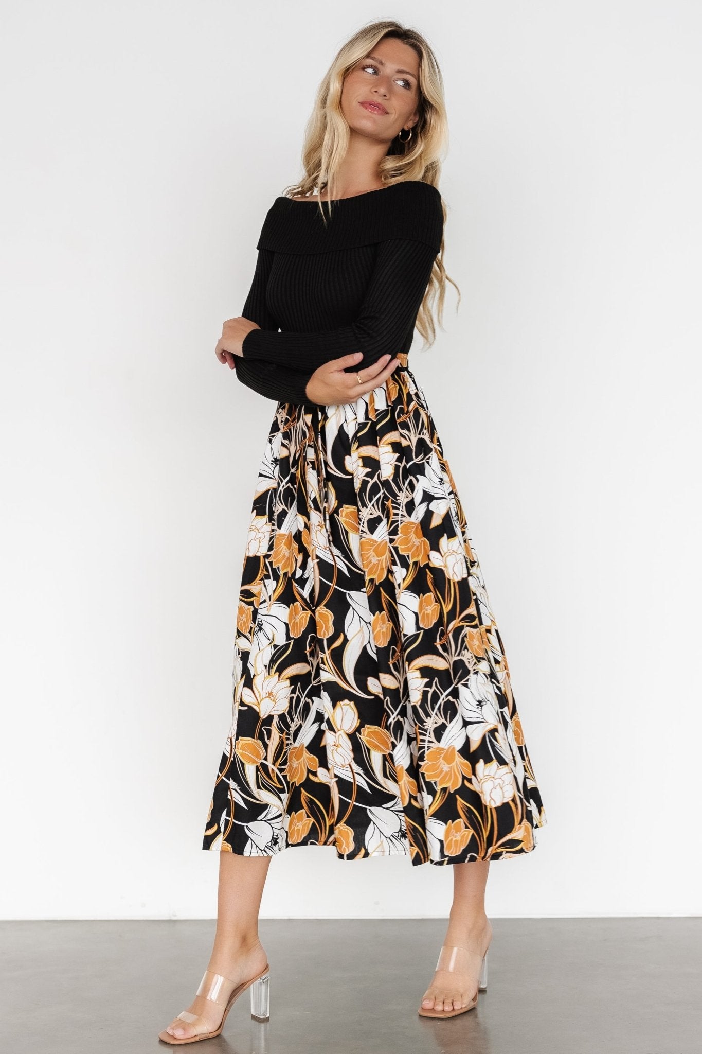 Selma Floral Off-Shoulder Dress with Pockets - Black Multi