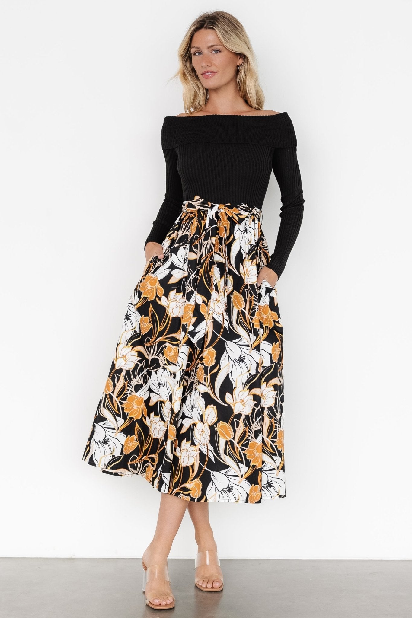 Selma Floral Off-Shoulder Dress with Pockets - Black Multi