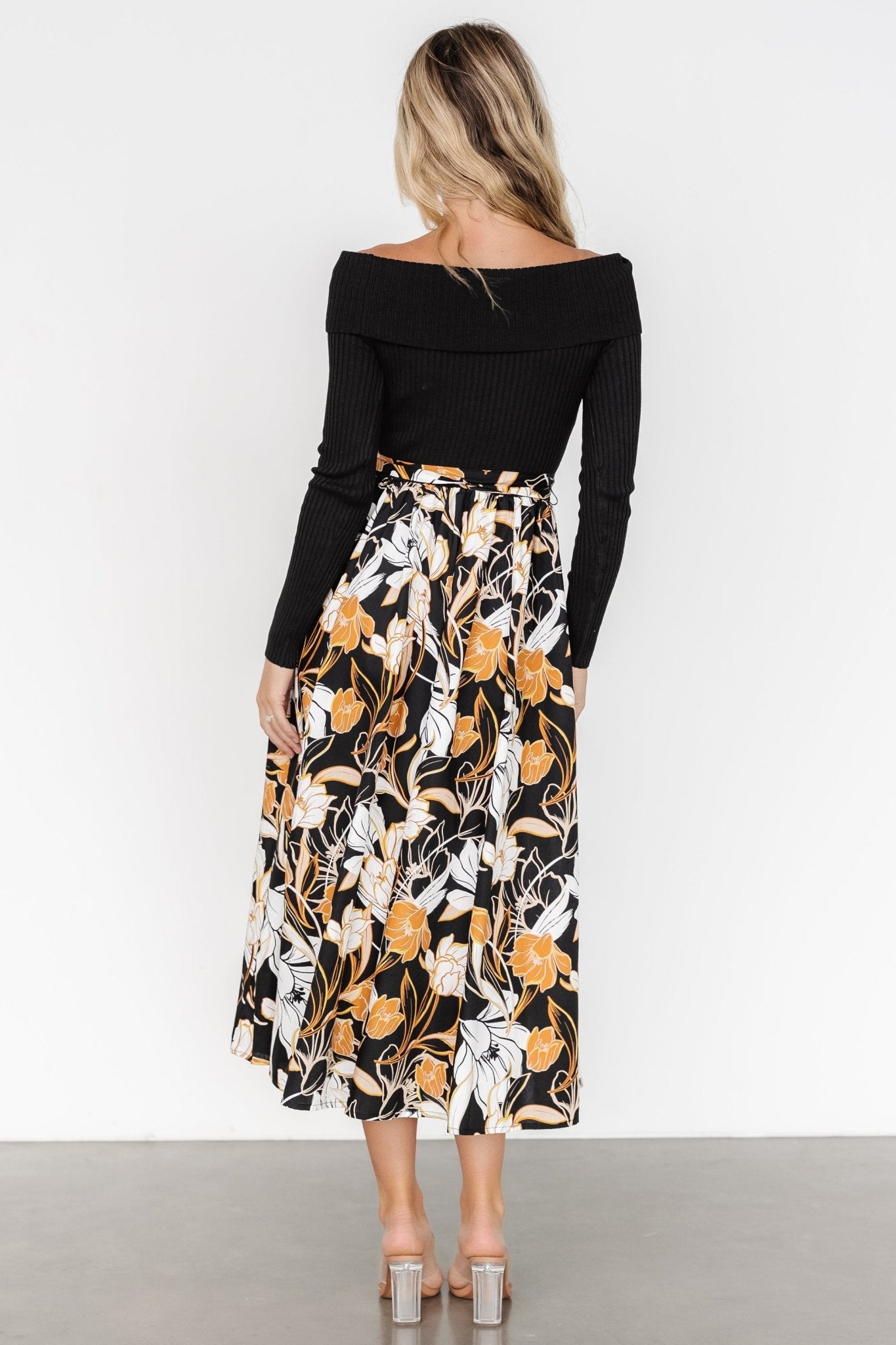 Selma Floral Off-Shoulder Dress with Pockets - Black Multi
