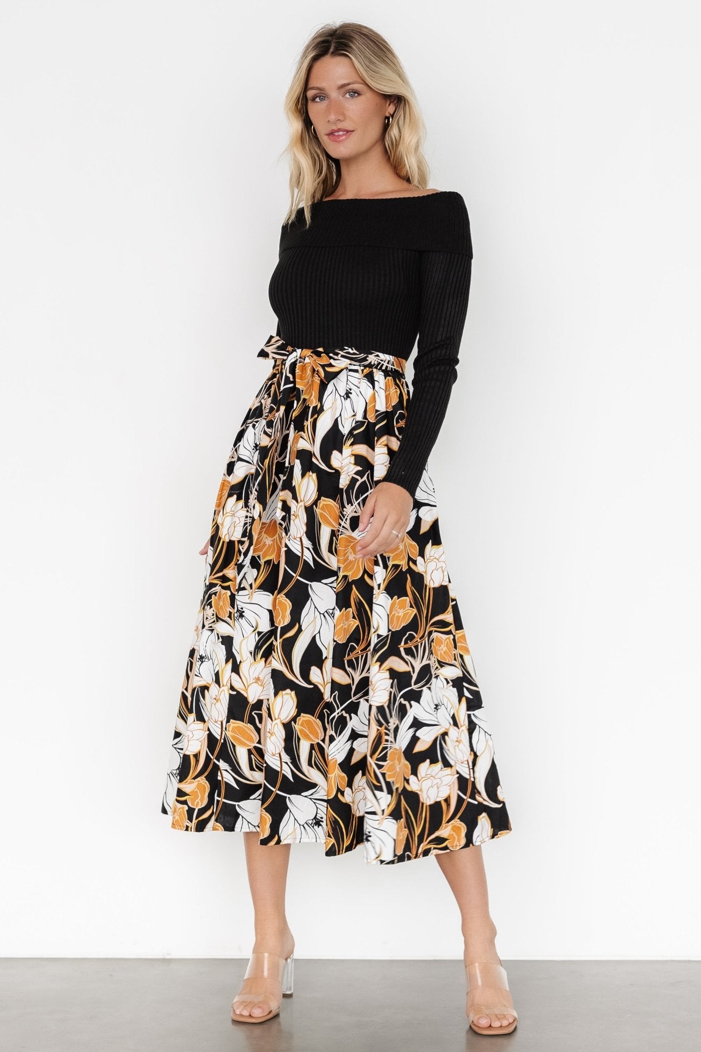 Selma Floral Off-Shoulder Dress with Pockets - Black Multi