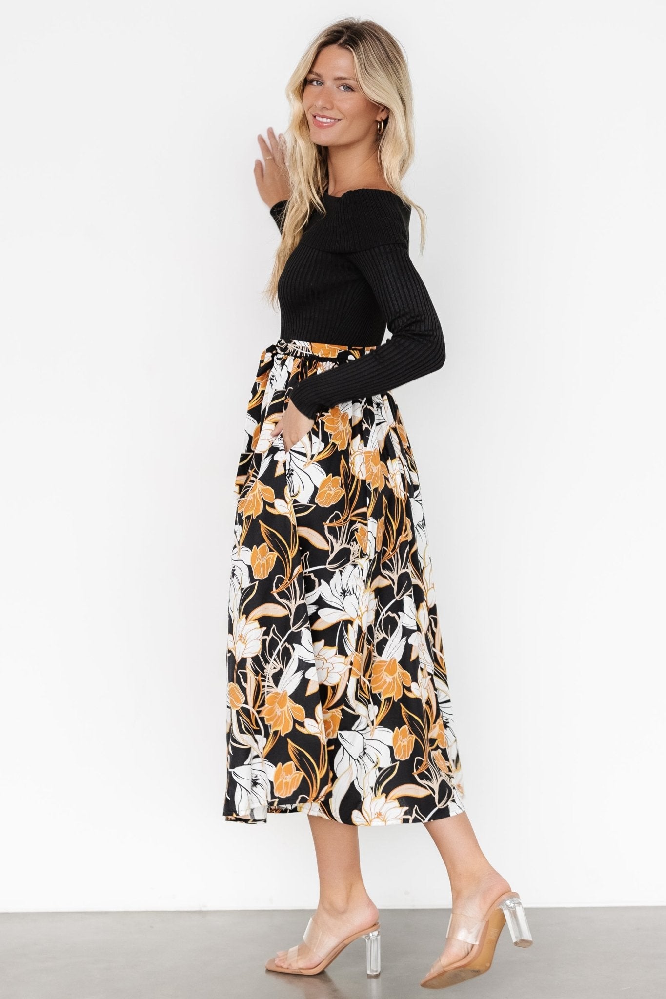 Selma Floral Off-Shoulder Dress with Pockets - Black Multi