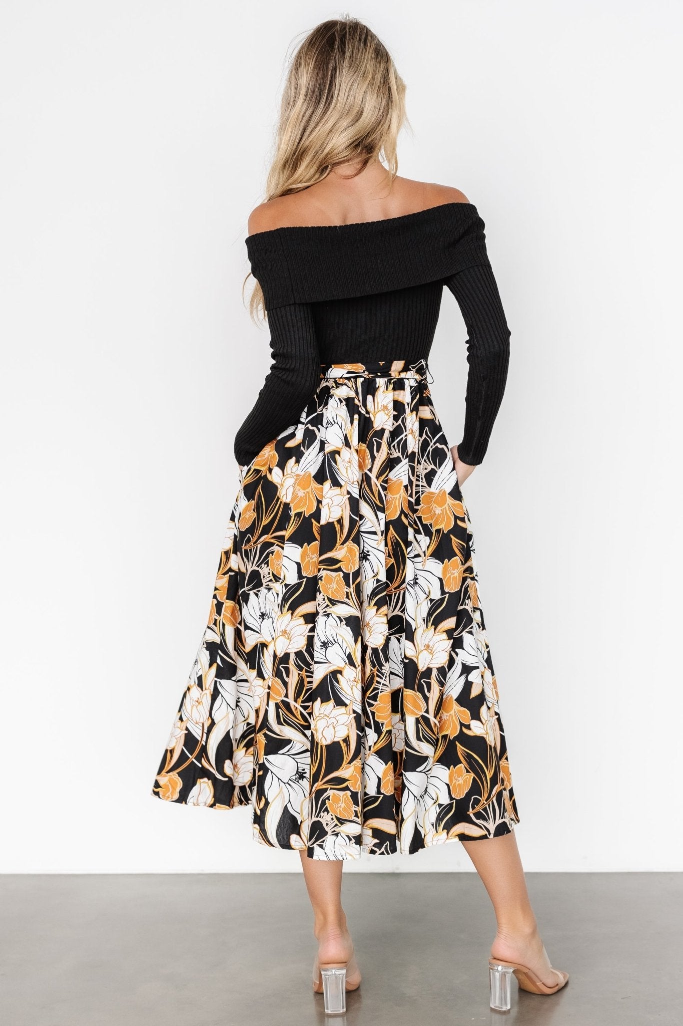 Selma Floral Off-Shoulder Dress with Pockets - Black Multi