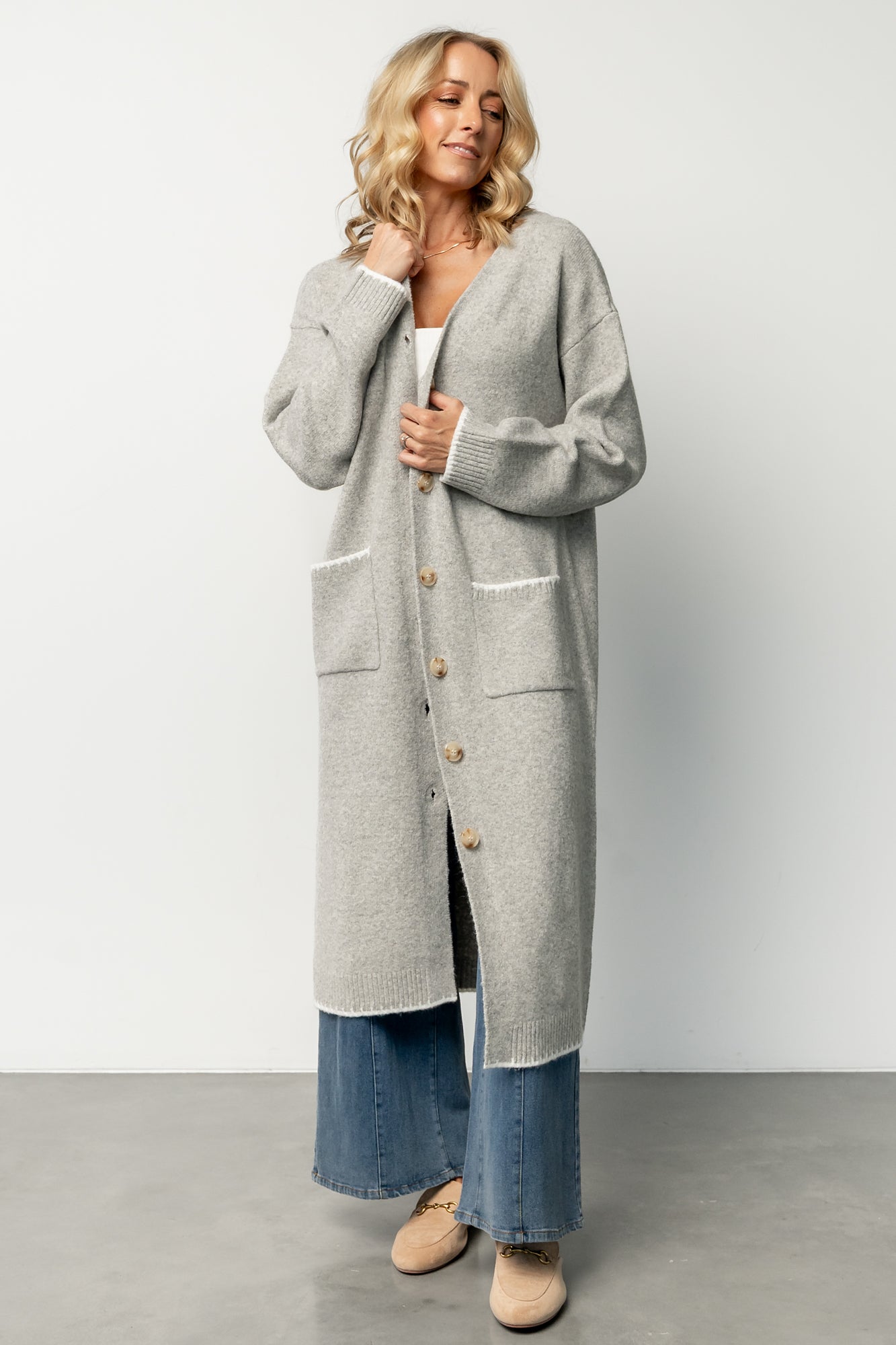 Baltic Born Senna Light Gray Longline Cardigan with Pockets