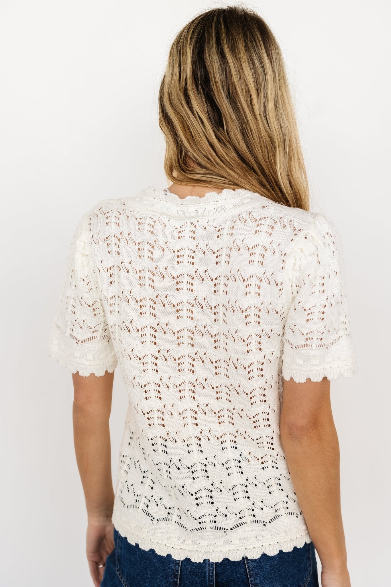 Cream Serenity Knit Sweater Top with Scalloped Detailing