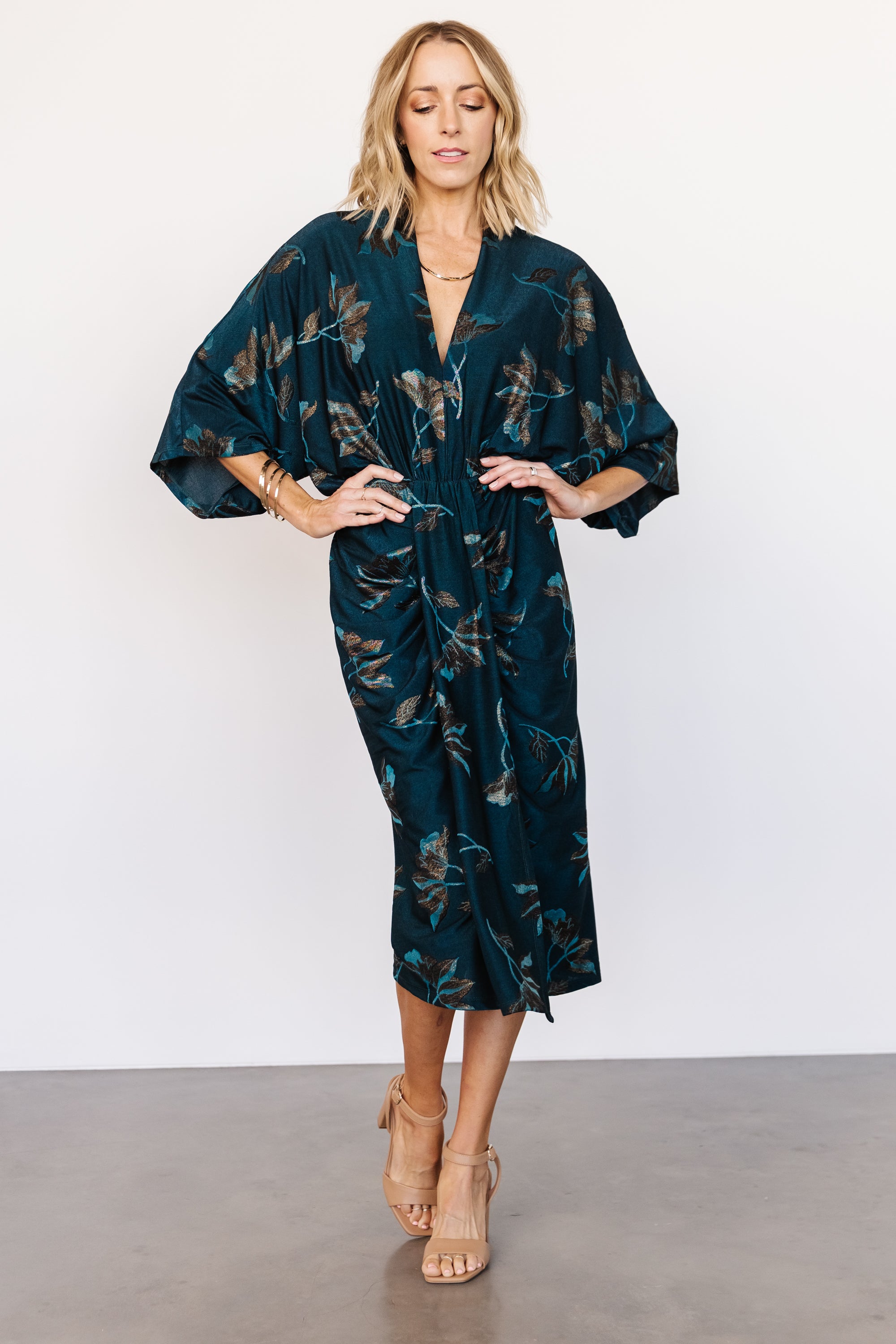 Shaneen Ruched Midi Dress in Jade Floral Shimmer Knit