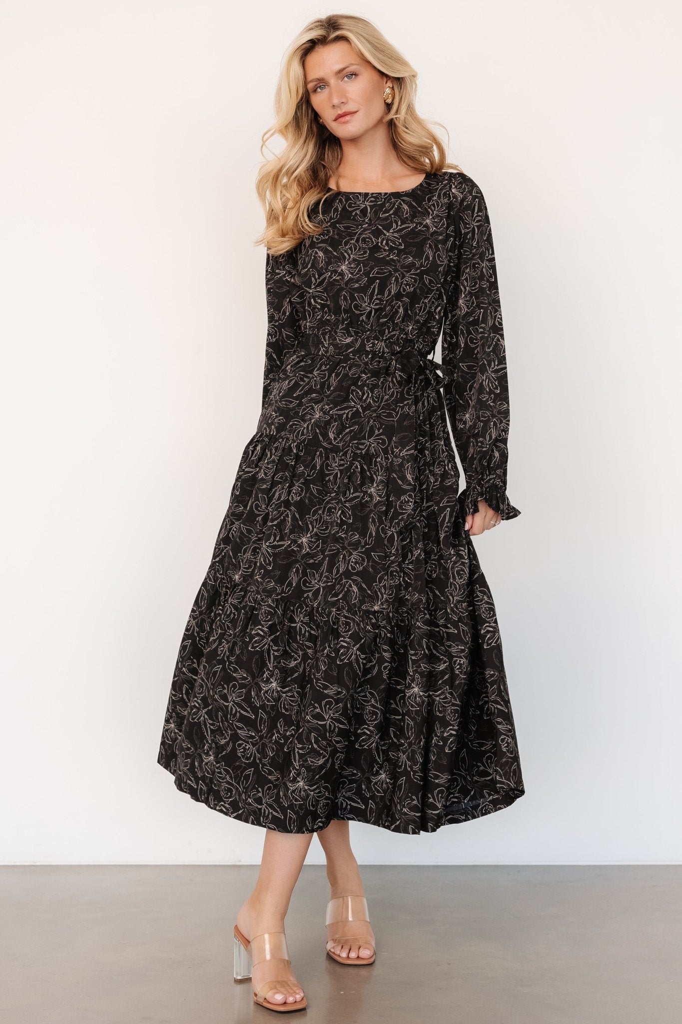 Ashlyn Floral Print Long Sleeve Midi Dress with Elastic Waist