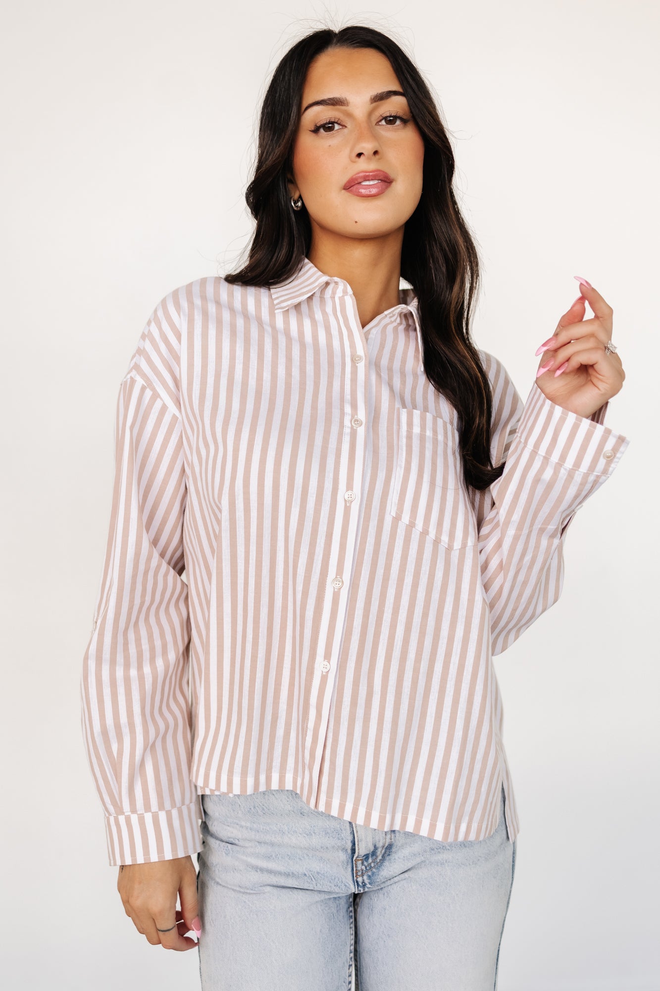 Beige Striped Cotton Button-Up Shirt for Women | Nursing Friendly
