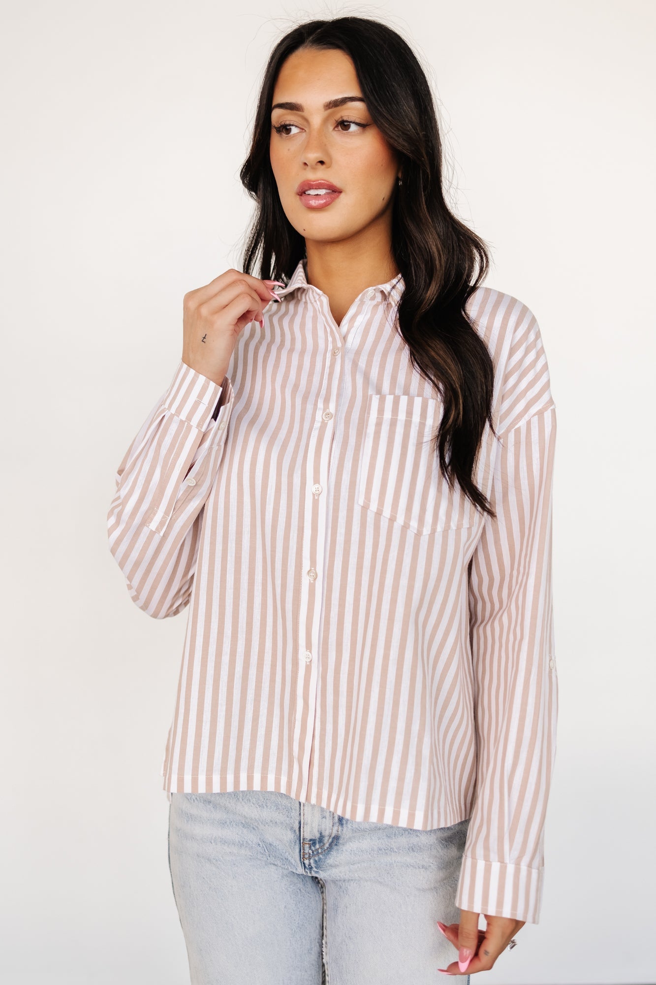 Beige Striped Cotton Button-Up Shirt for Women | Nursing Friendly