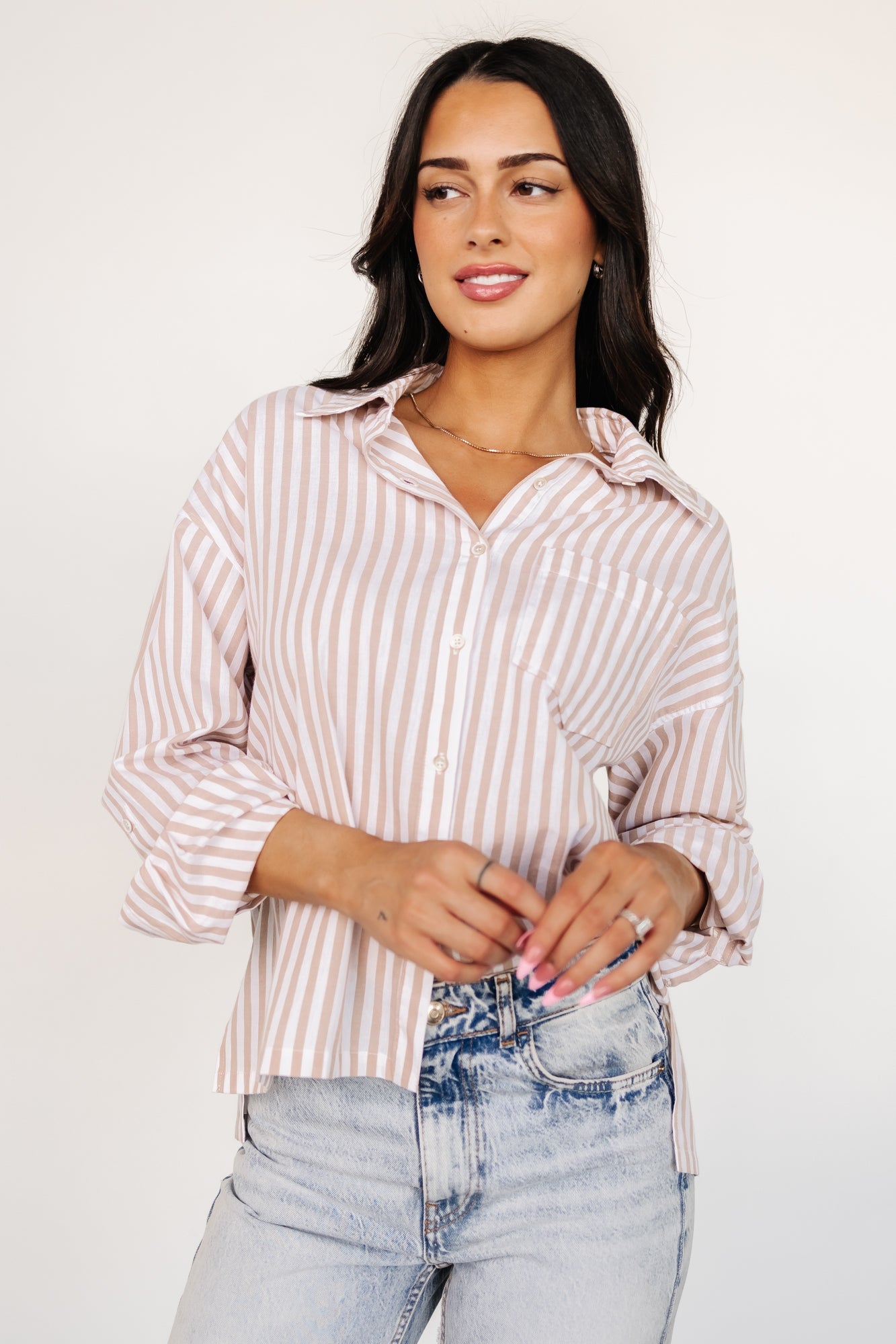 Beige Striped Cotton Button-Up Shirt for Women | Nursing Friendly