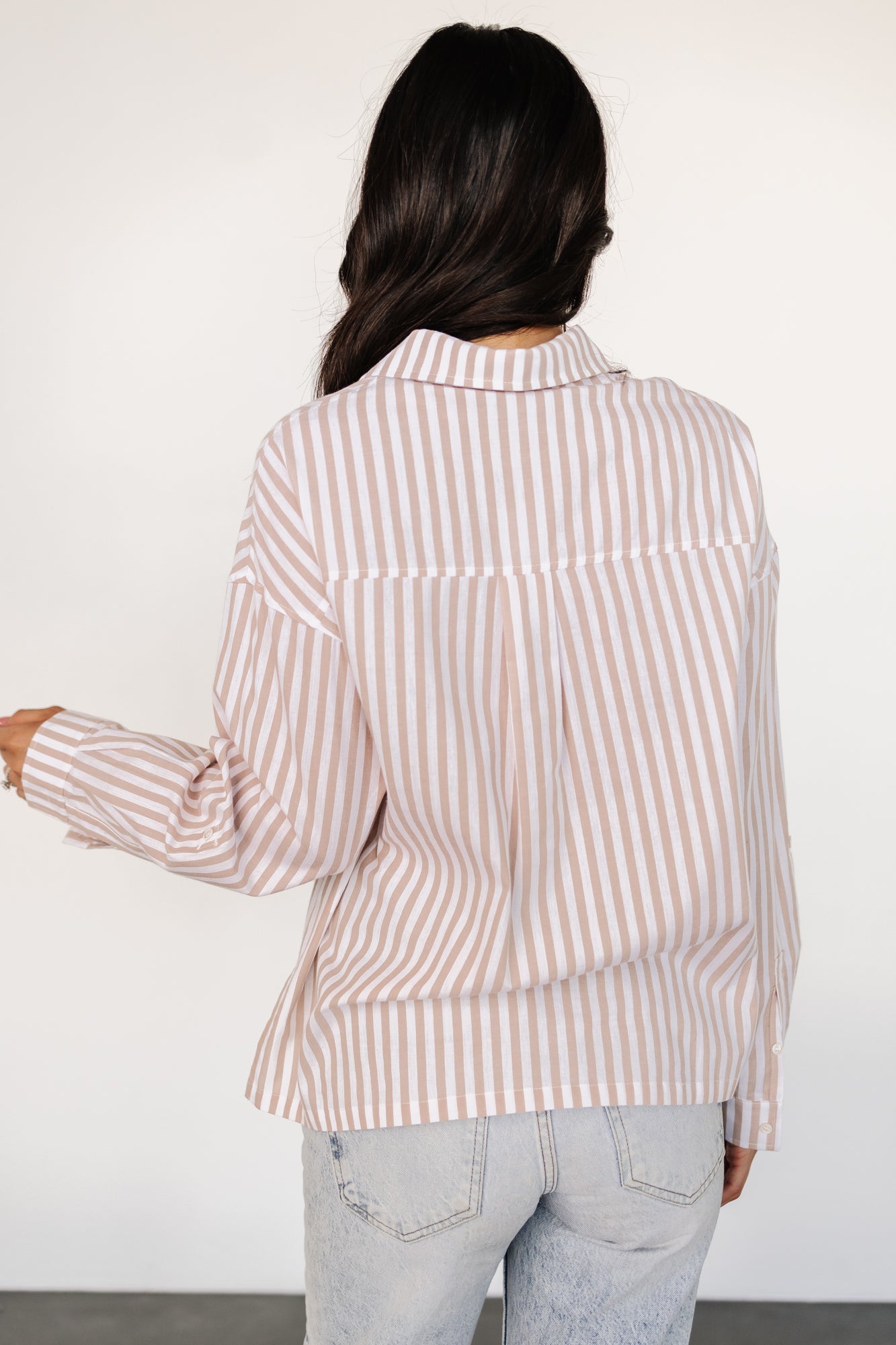 Beige Striped Cotton Button-Up Shirt for Women | Nursing Friendly