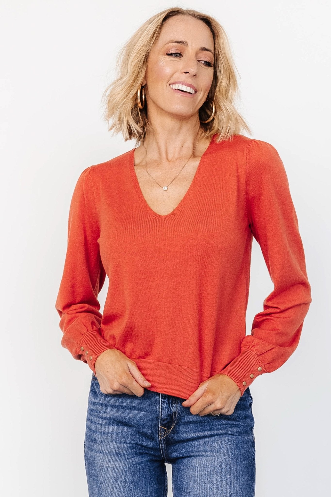 Soft V-Neck Sweater Top in Light Rust - Relaxed Fit & Stretchy Knit