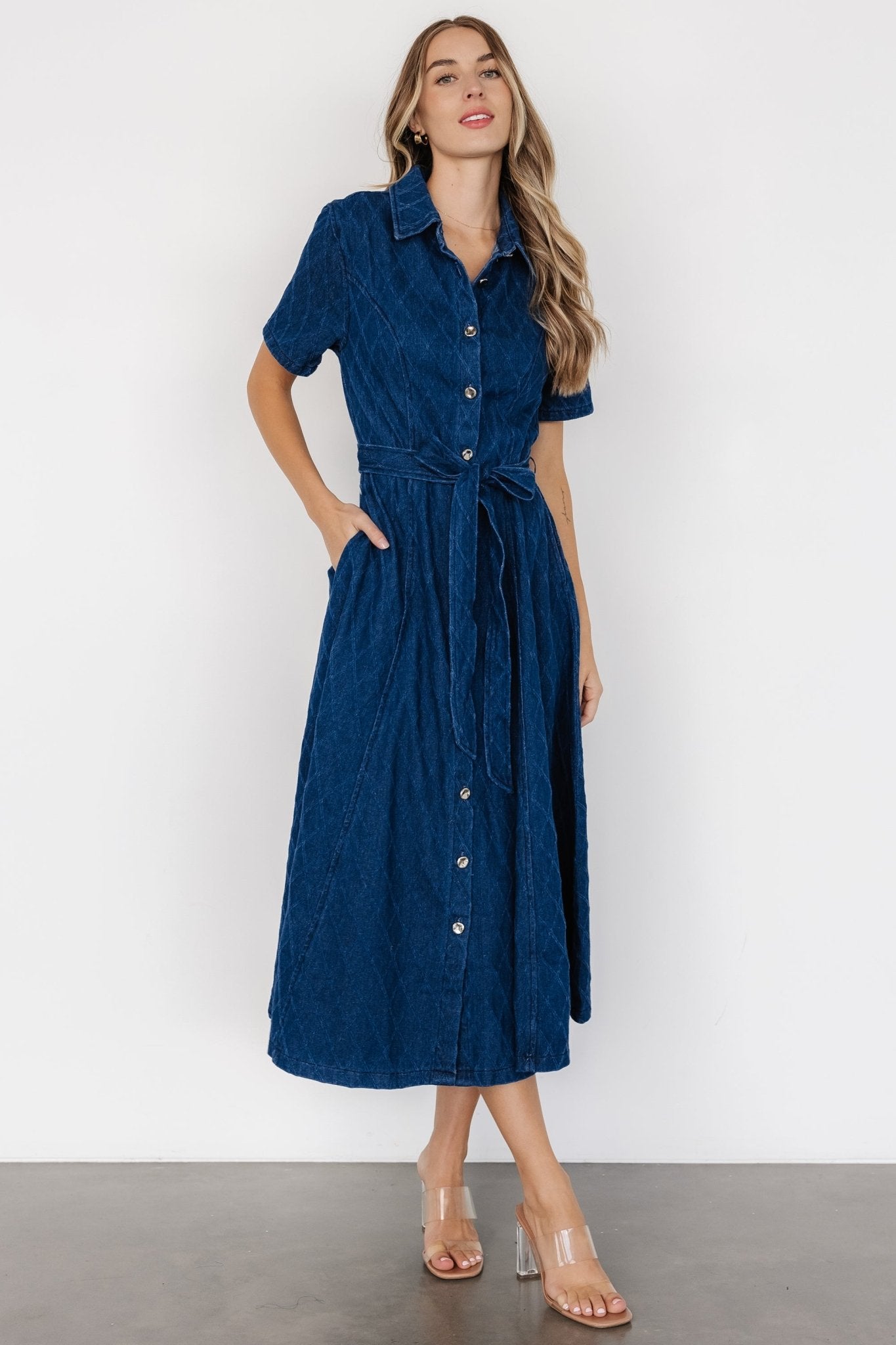 Sheryl Denim Midi Dress in Dark Blue with Removable Waist Sash