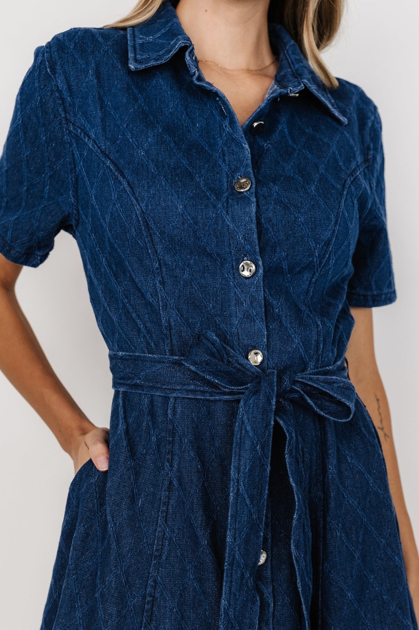 Sheryl Denim Midi Dress in Dark Blue with Removable Waist Sash