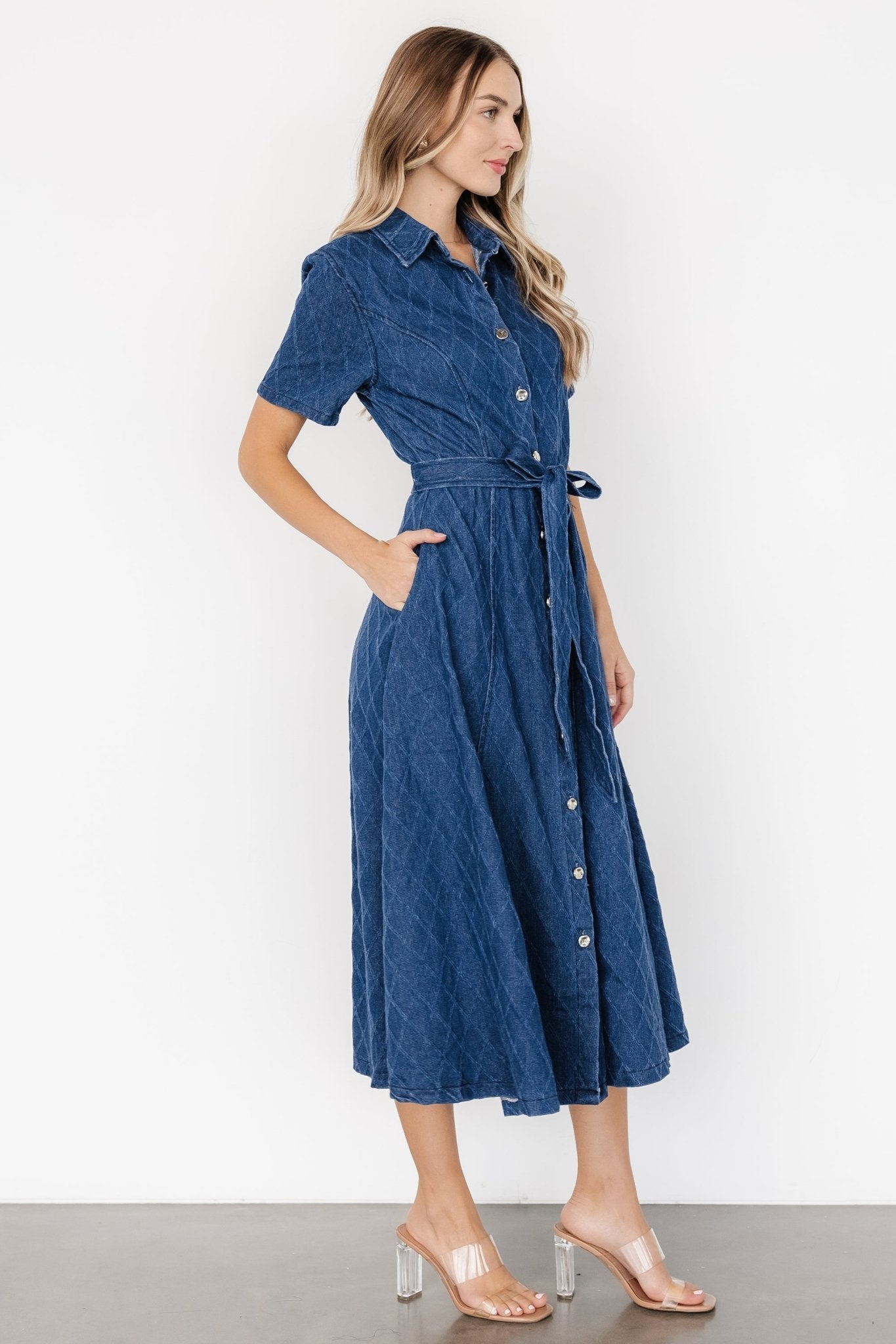 Sheryl Denim Midi Dress in Dark Blue with Removable Waist Sash