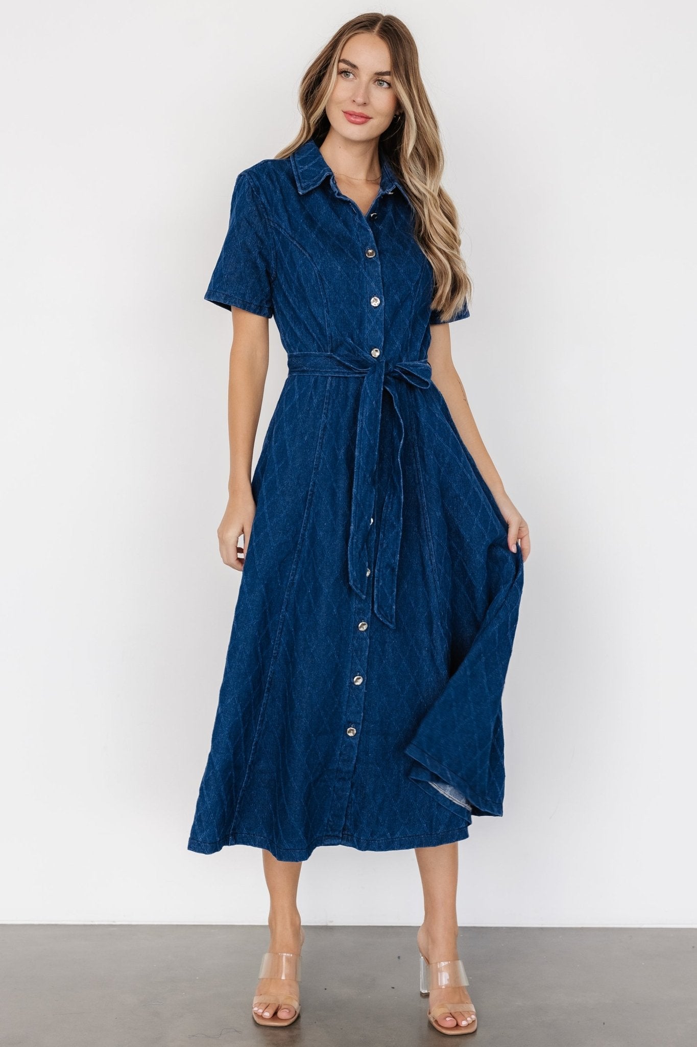 Sheryl Denim Midi Dress in Dark Blue with Removable Waist Sash