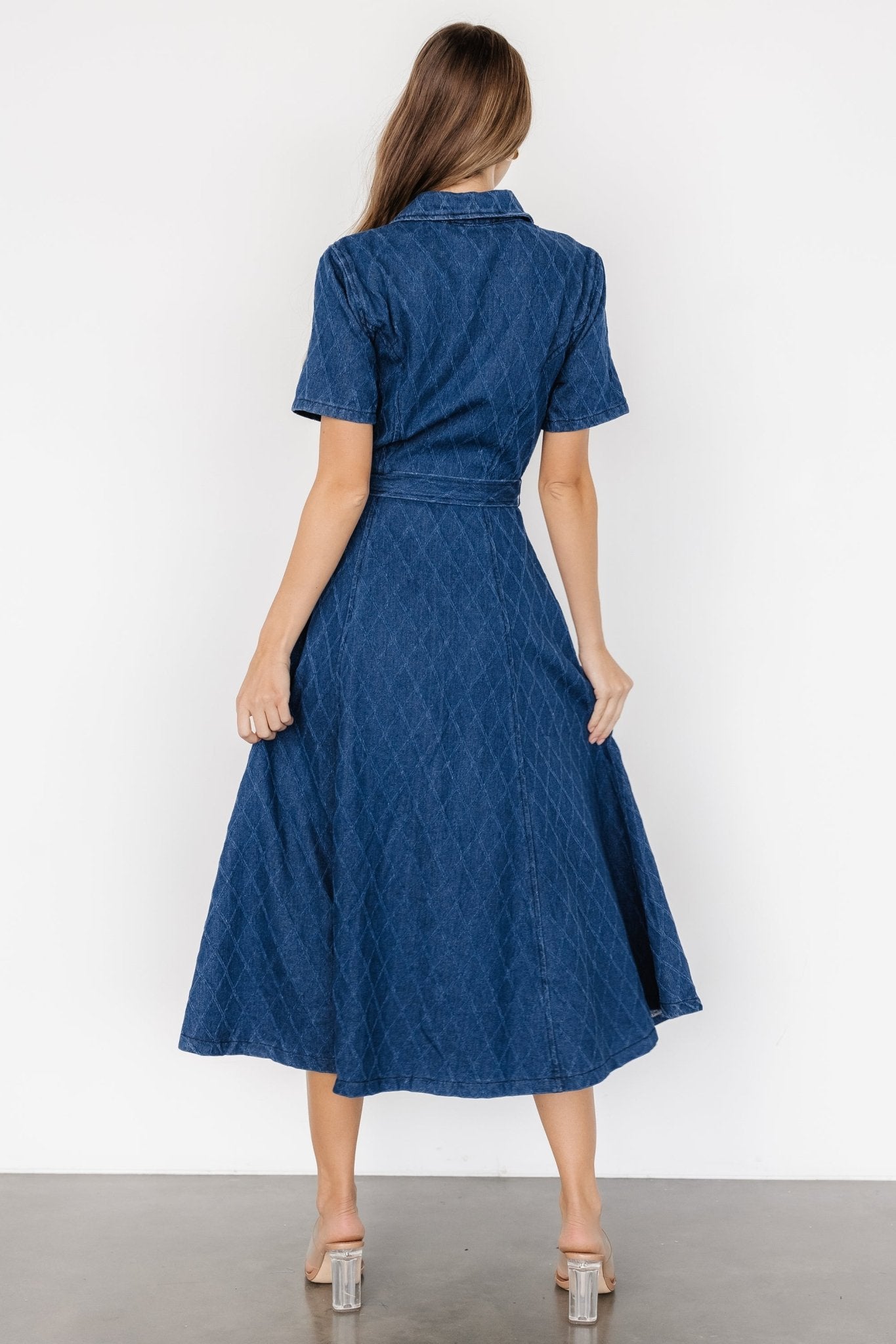 Sheryl Denim Midi Dress in Dark Blue with Removable Waist Sash