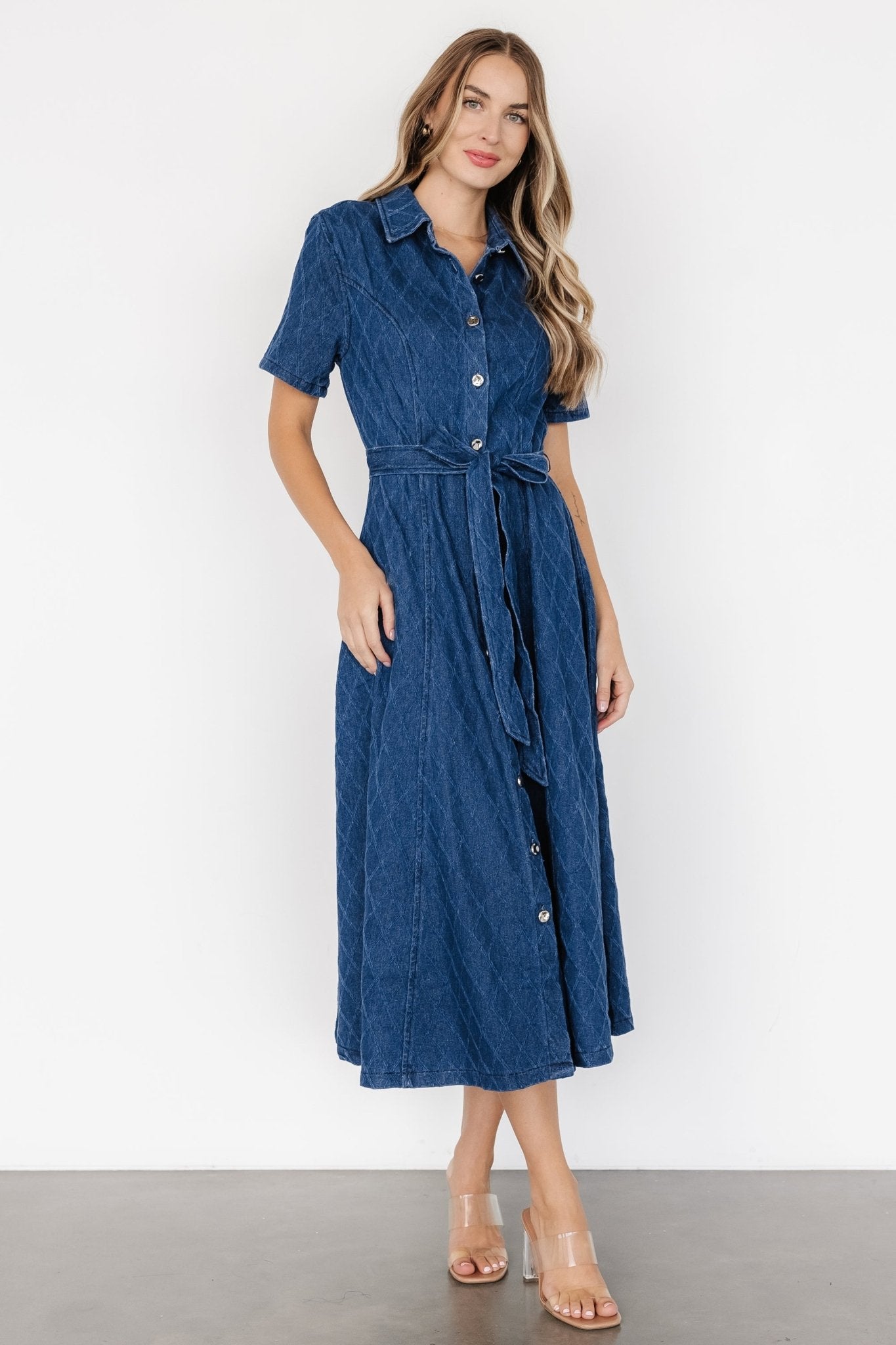 Sheryl Denim Midi Dress in Dark Blue with Removable Waist Sash