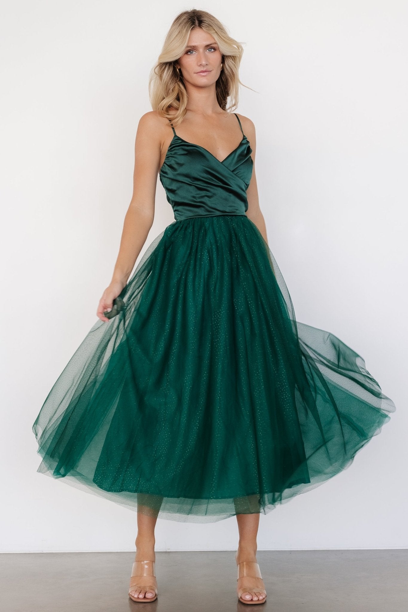 Shonda Sparkle Midi Dress in Emerald with Tulle Skirt