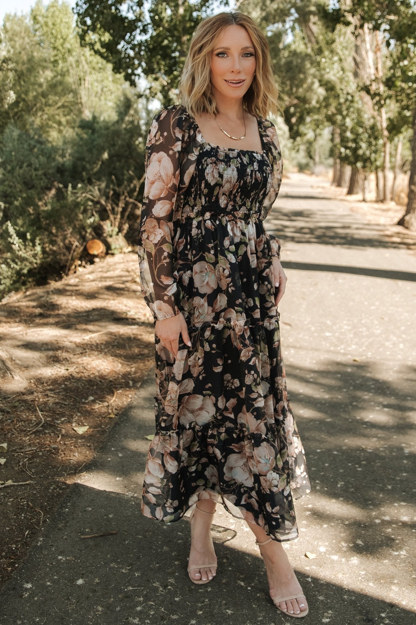 Adeline Floral Smocked Maxi Dress for Women - Midnight Elegance