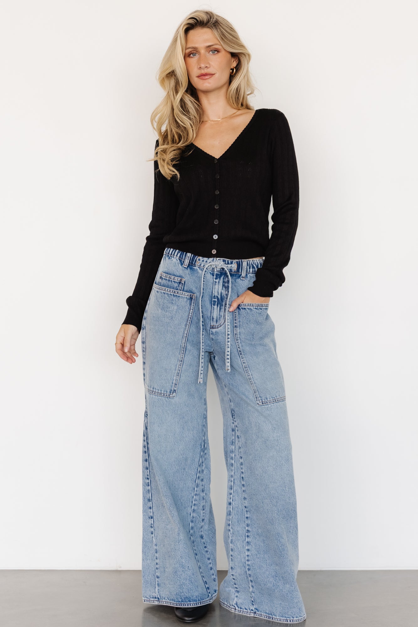 Baltic Born Light Wash Drawstring Wide Leg Jeans