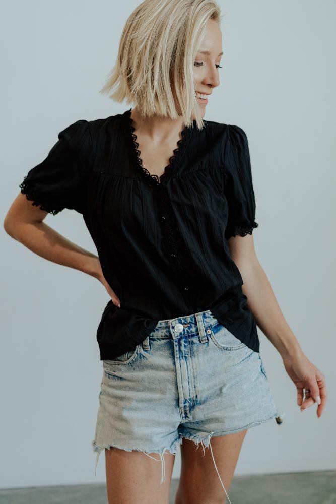 Black Cotton Button-Up Top with Lace Detail – Sloane Feminine Blouse