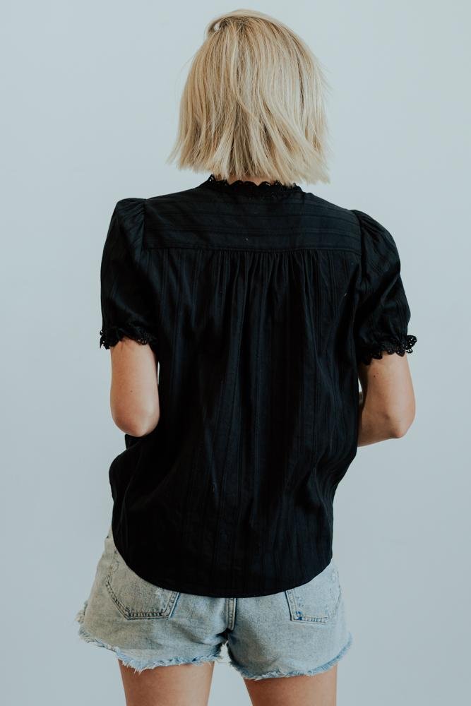 Black Cotton Button-Up Top with Lace Detail – Sloane Feminine Blouse