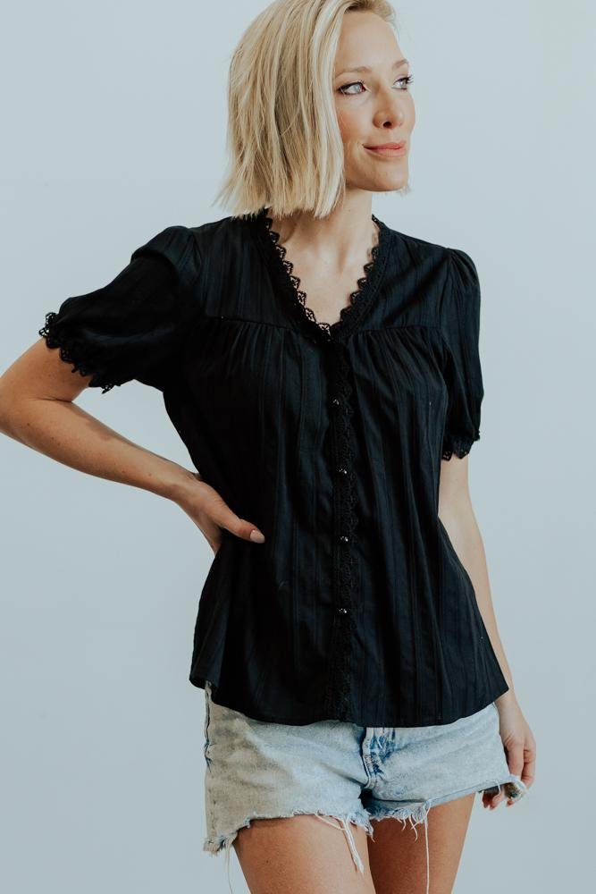 Black Cotton Button-Up Top with Lace Detail – Sloane Feminine Blouse
