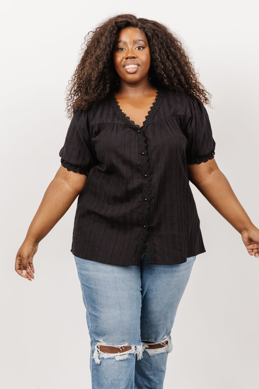 Black Cotton Button-Up Top with Lace Detail – Sloane Feminine Blouse