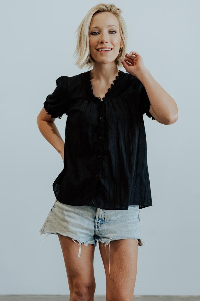 Black Cotton Button-Up Top with Lace Detail – Sloane Feminine Blouse