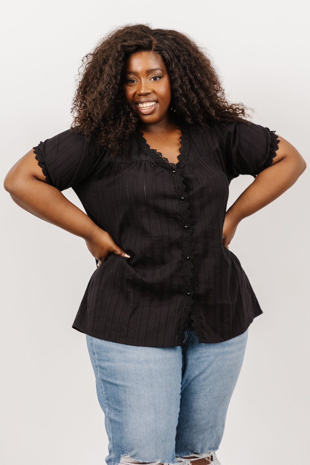 Black Cotton Button-Up Top with Lace Detail – Sloane Feminine Blouse