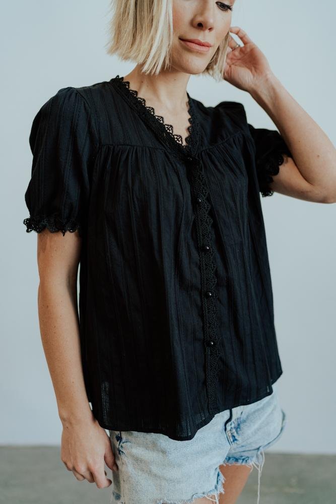 Black Cotton Button-Up Top with Lace Detail – Sloane Feminine Blouse