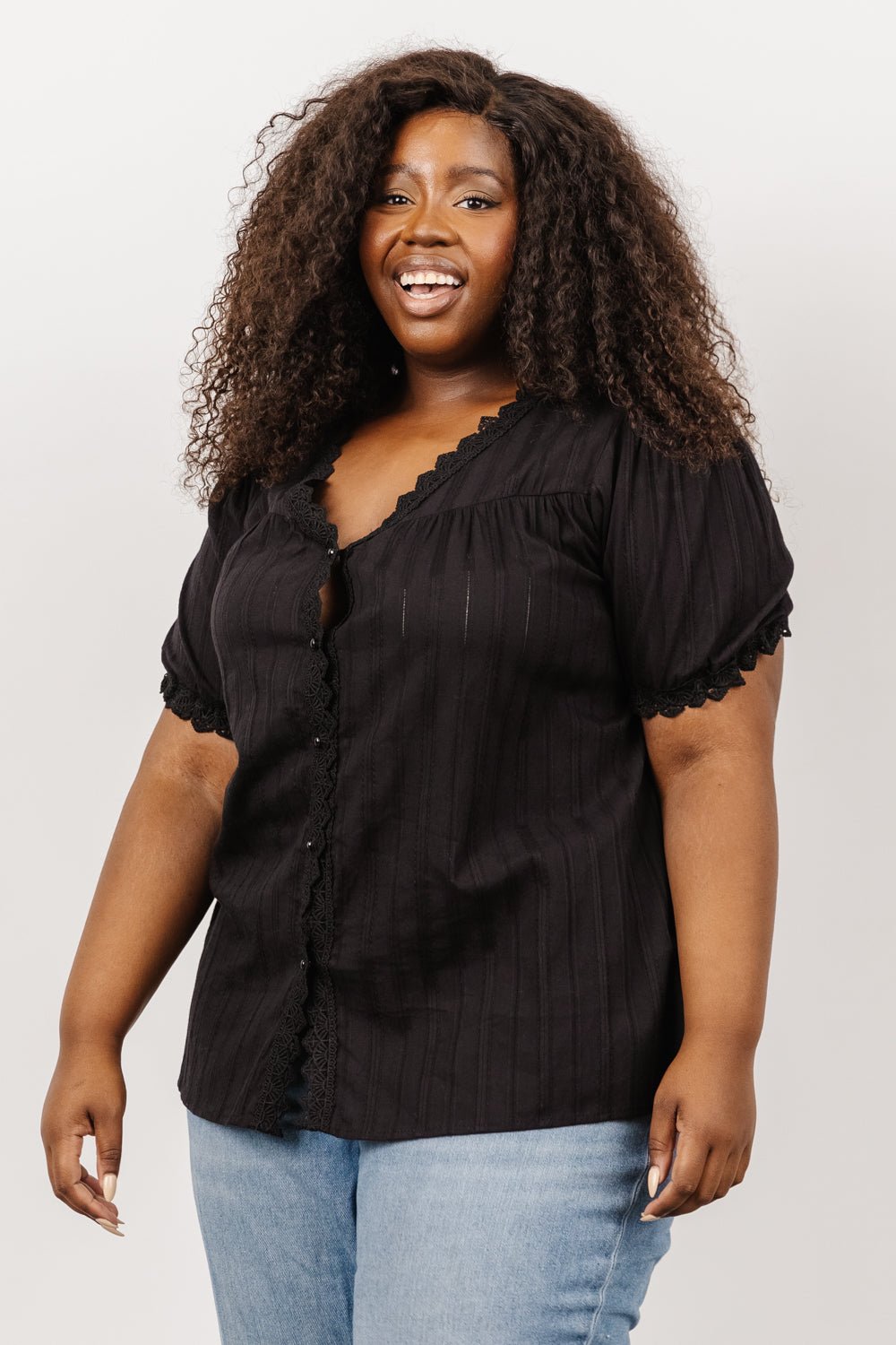 Black Cotton Button-Up Top with Lace Detail – Sloane Feminine Blouse
