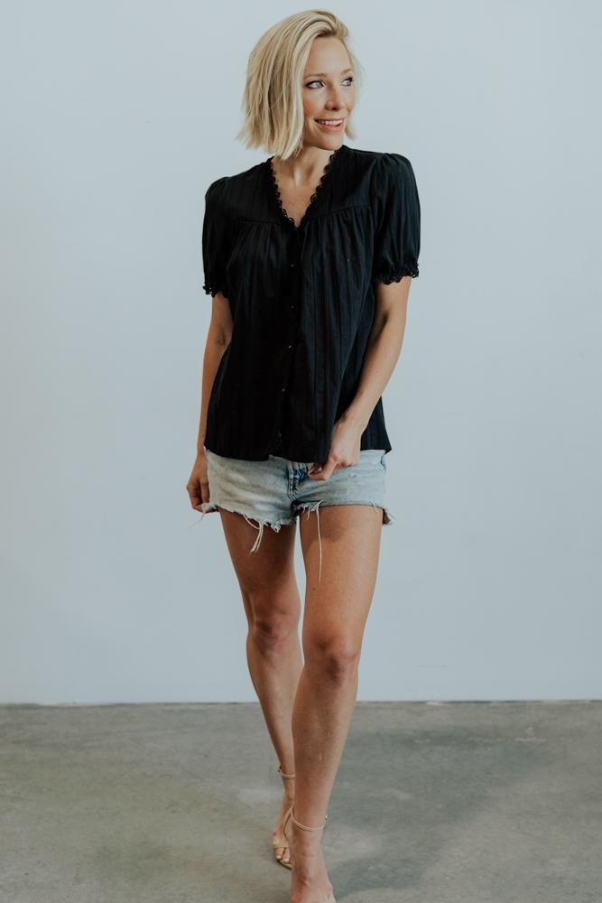 Black Cotton Button-Up Top with Lace Detail – Sloane Feminine Blouse