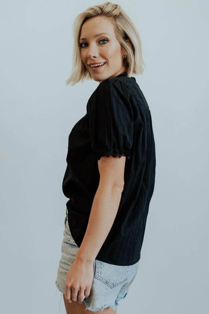Black Cotton Button-Up Top with Lace Detail – Sloane Feminine Blouse