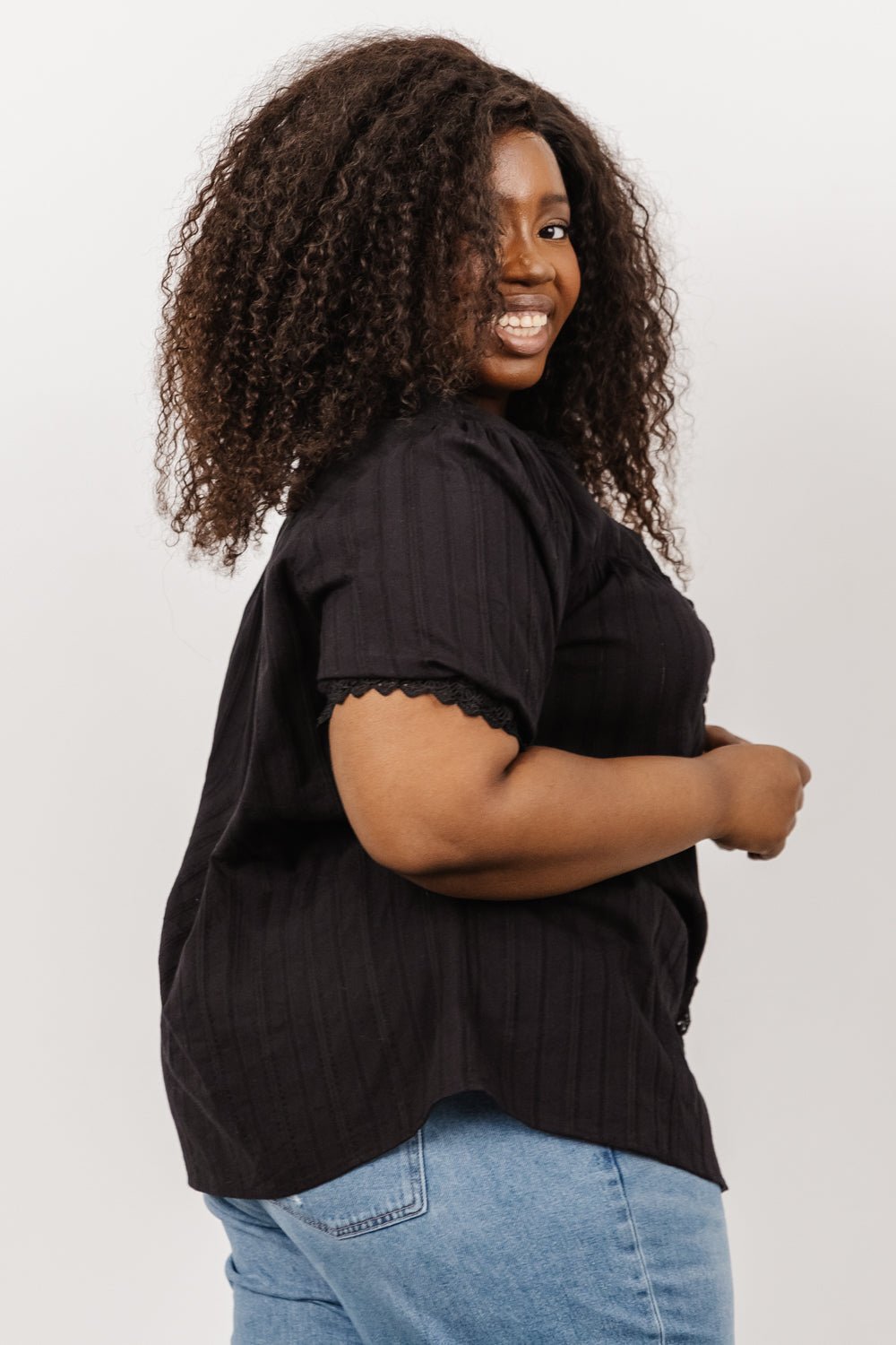 Black Cotton Button-Up Top with Lace Detail – Sloane Feminine Blouse