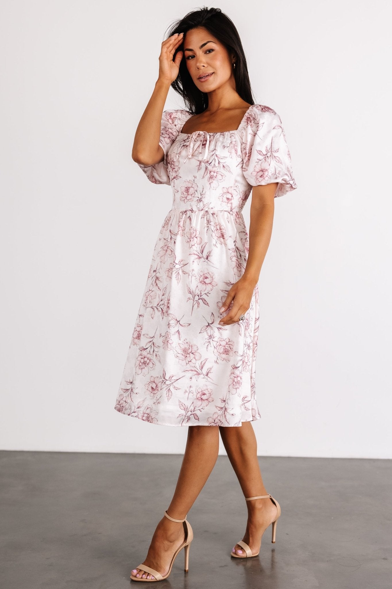 Blush Floral Sonnet Short Dress with Puff Sleeves
