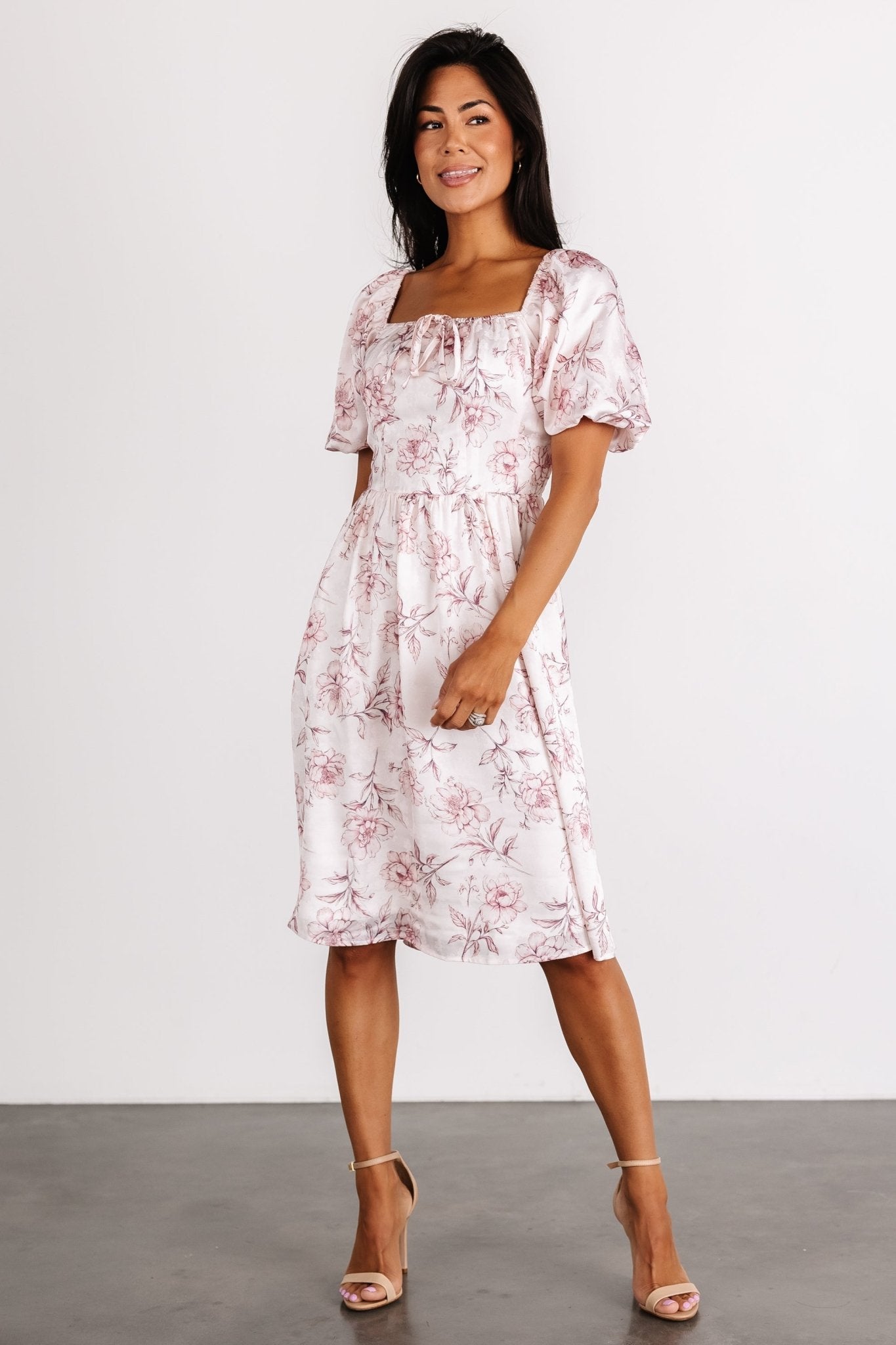 Blush Floral Sonnet Short Dress with Puff Sleeves