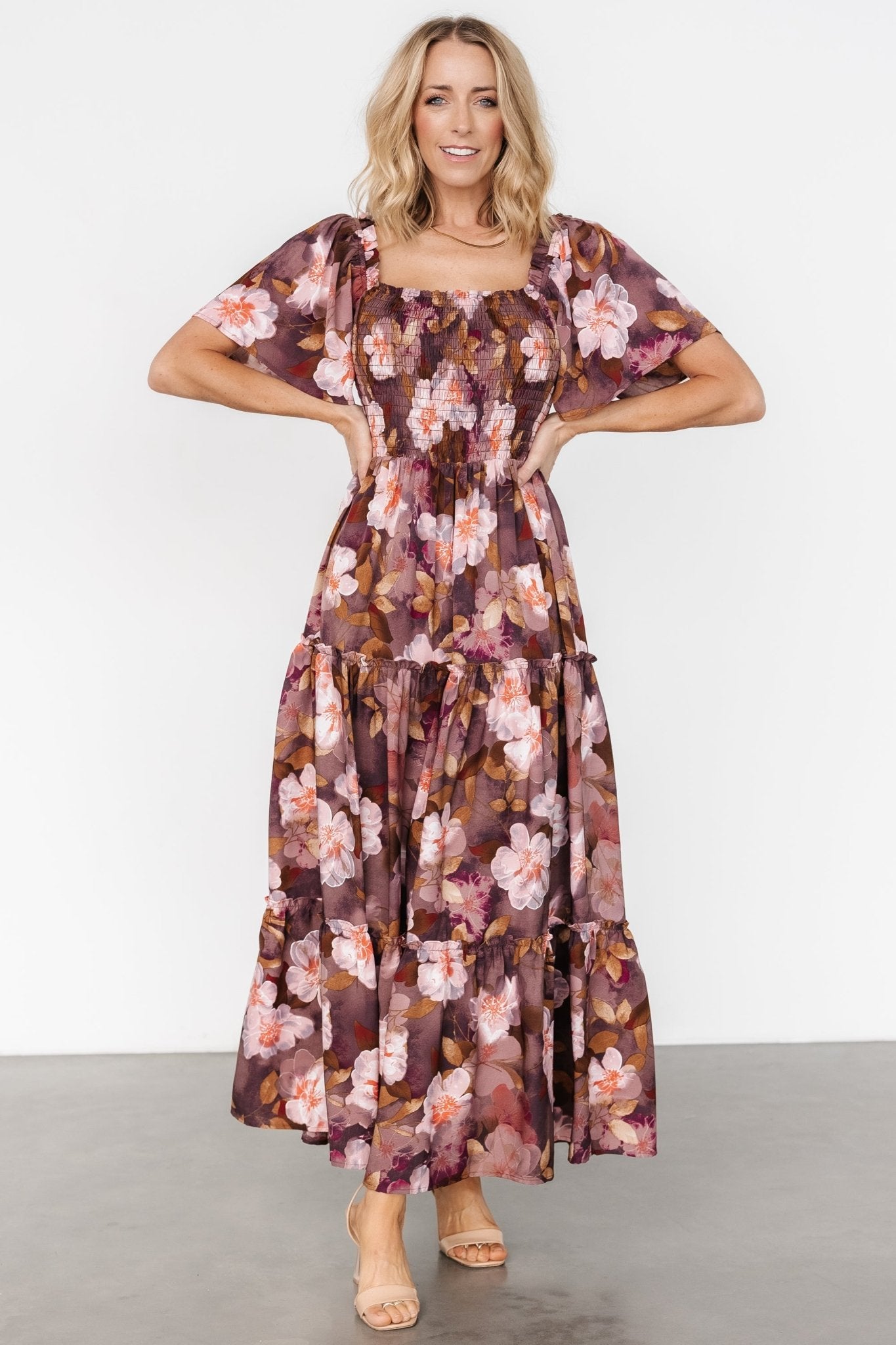 Brown Floral Smocked Maxi Dress with Ruffled Sleeves
