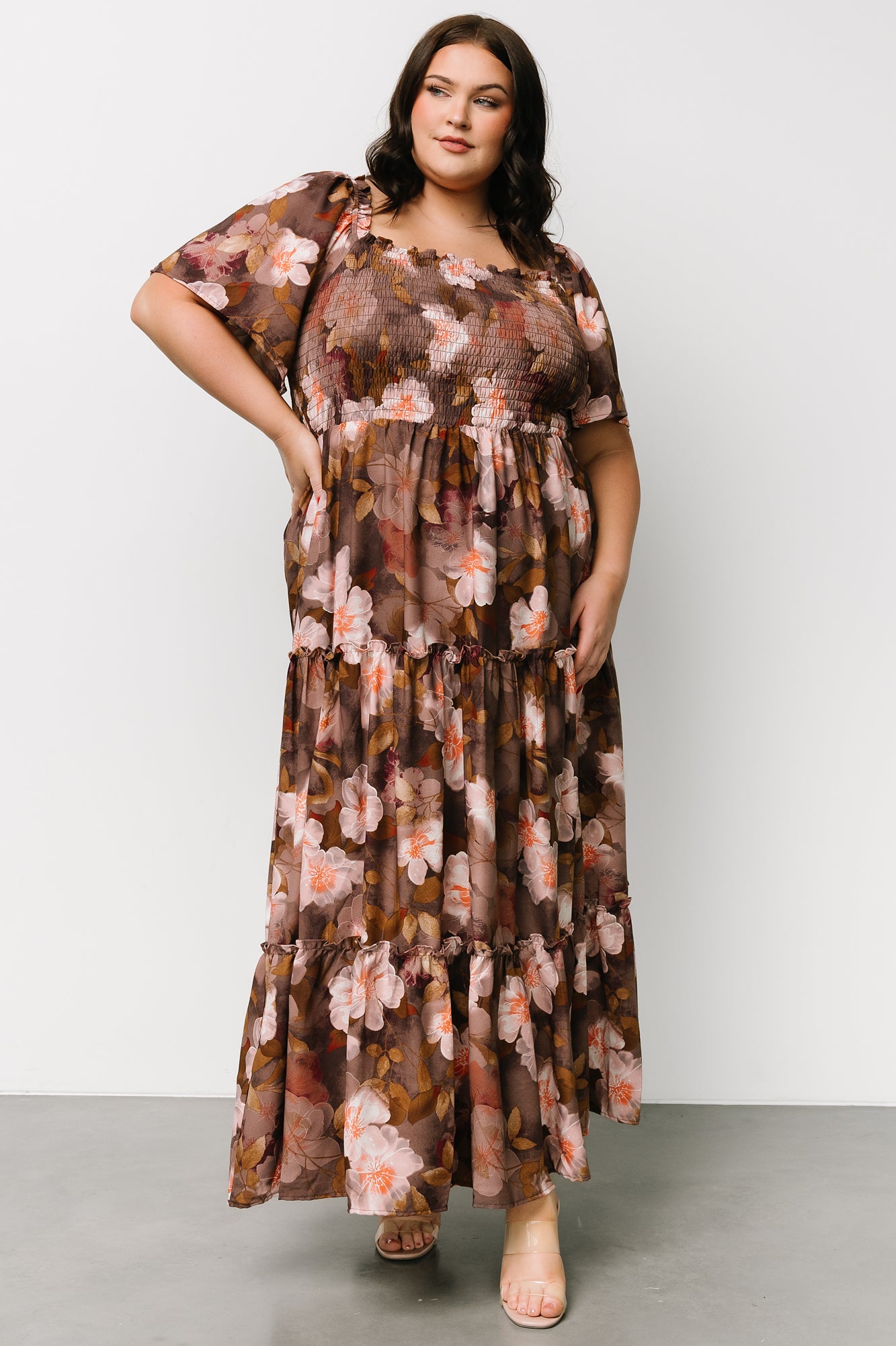 Brown Floral Smocked Maxi Dress with Ruffled Sleeves