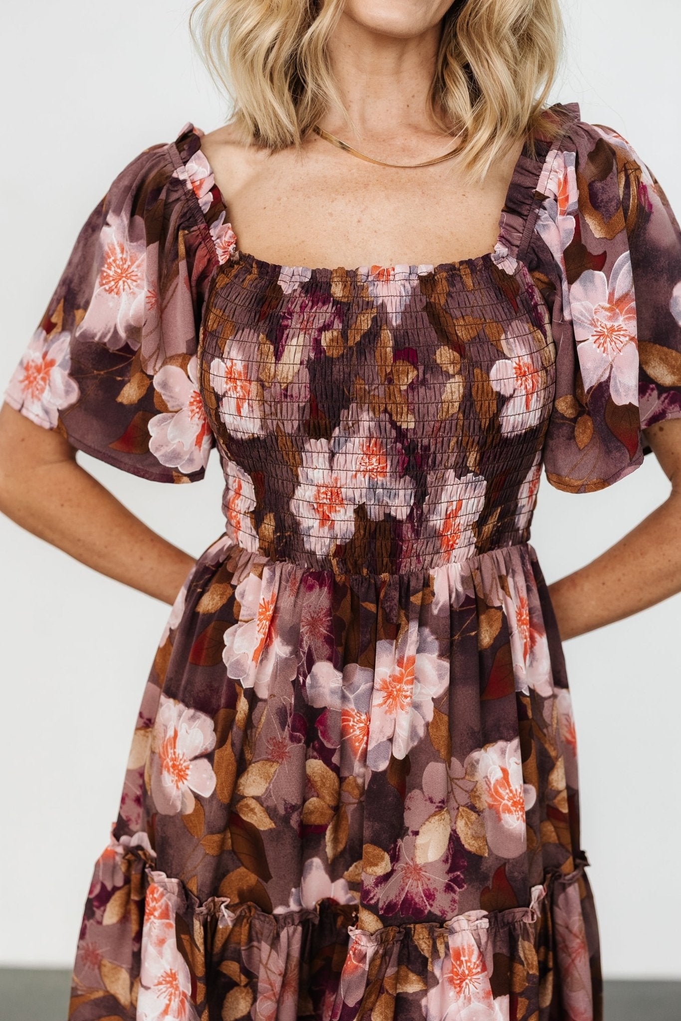 Brown Floral Smocked Maxi Dress with Ruffled Sleeves