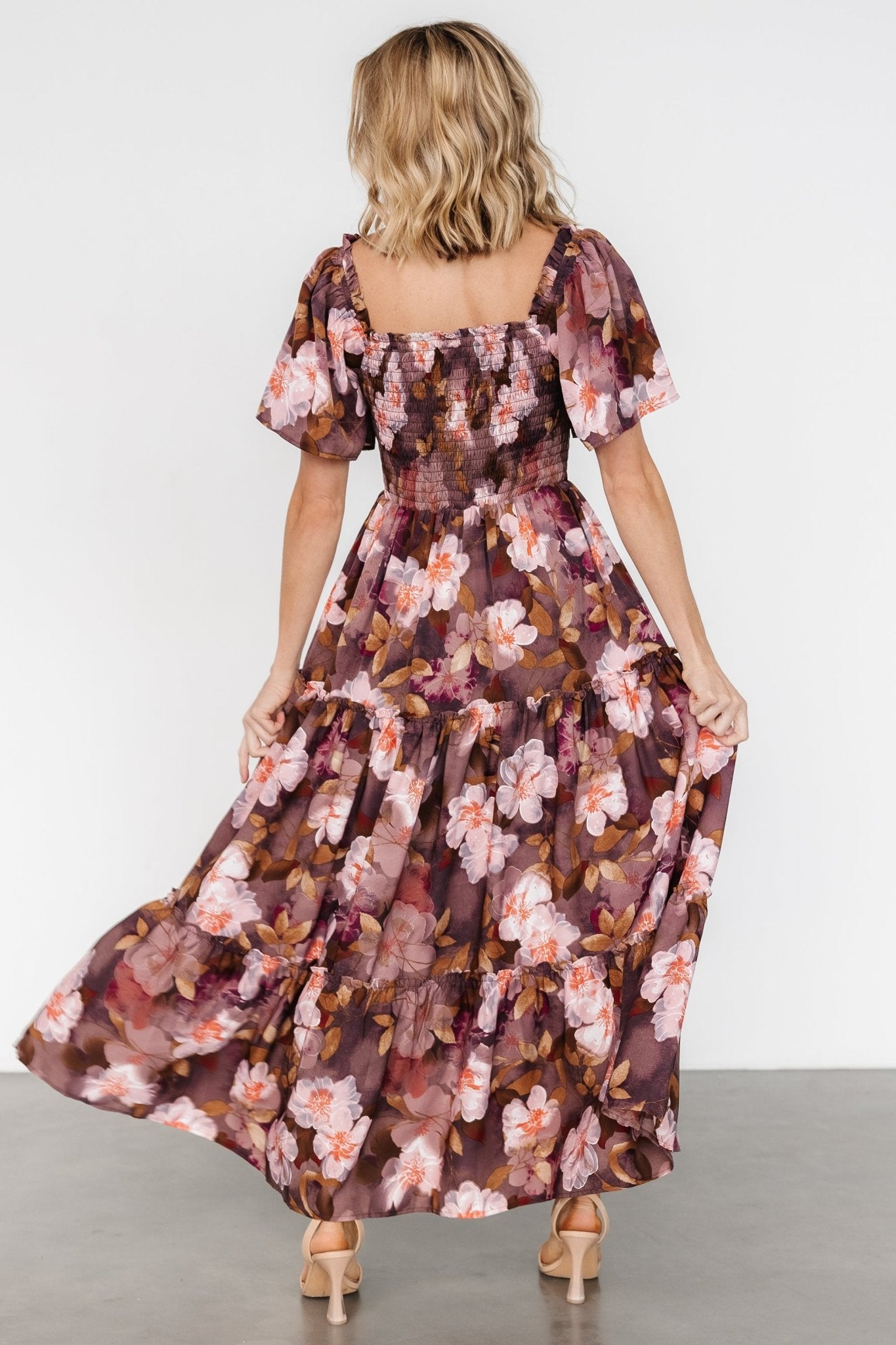 Brown Floral Smocked Maxi Dress with Ruffled Sleeves