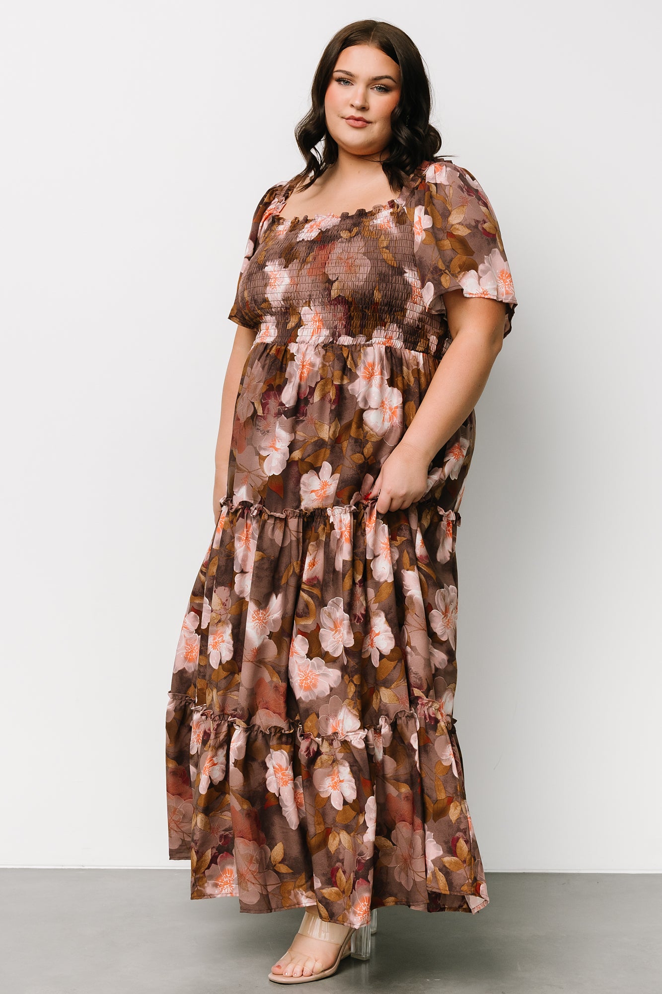 Brown Floral Smocked Maxi Dress with Ruffled Sleeves