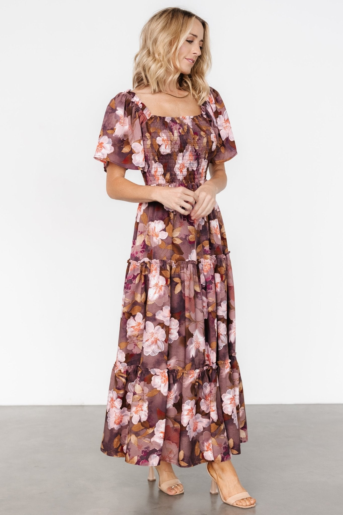 Brown Floral Smocked Maxi Dress with Ruffled Sleeves
