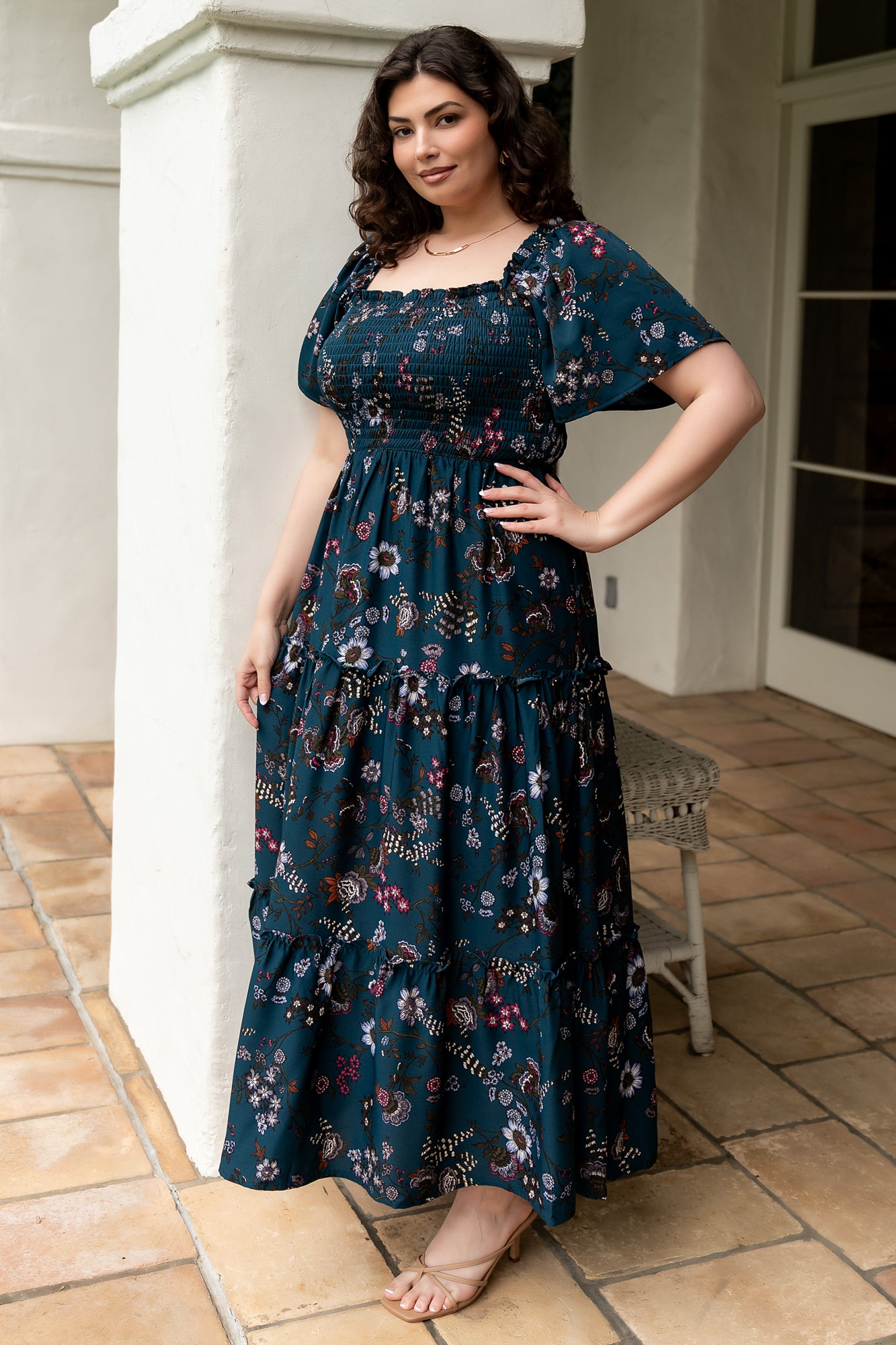 Jade Blossom Smocked Floral Maxi Dress with Ruffled Sleeves