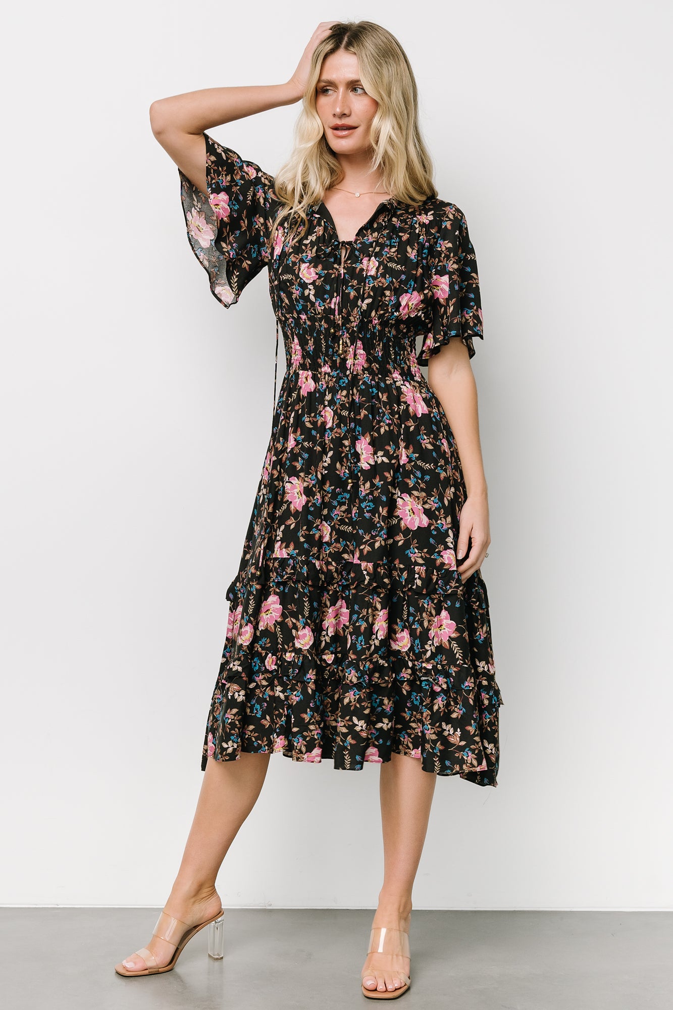 Baltic Born Boho Floral Midi Dress with V-Neck & Ties
