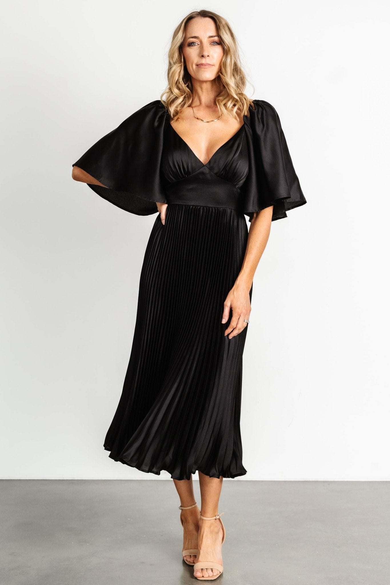 Black Pleated V-Neck Dress with Flutter Sleeves – Aubree by Baltic Born