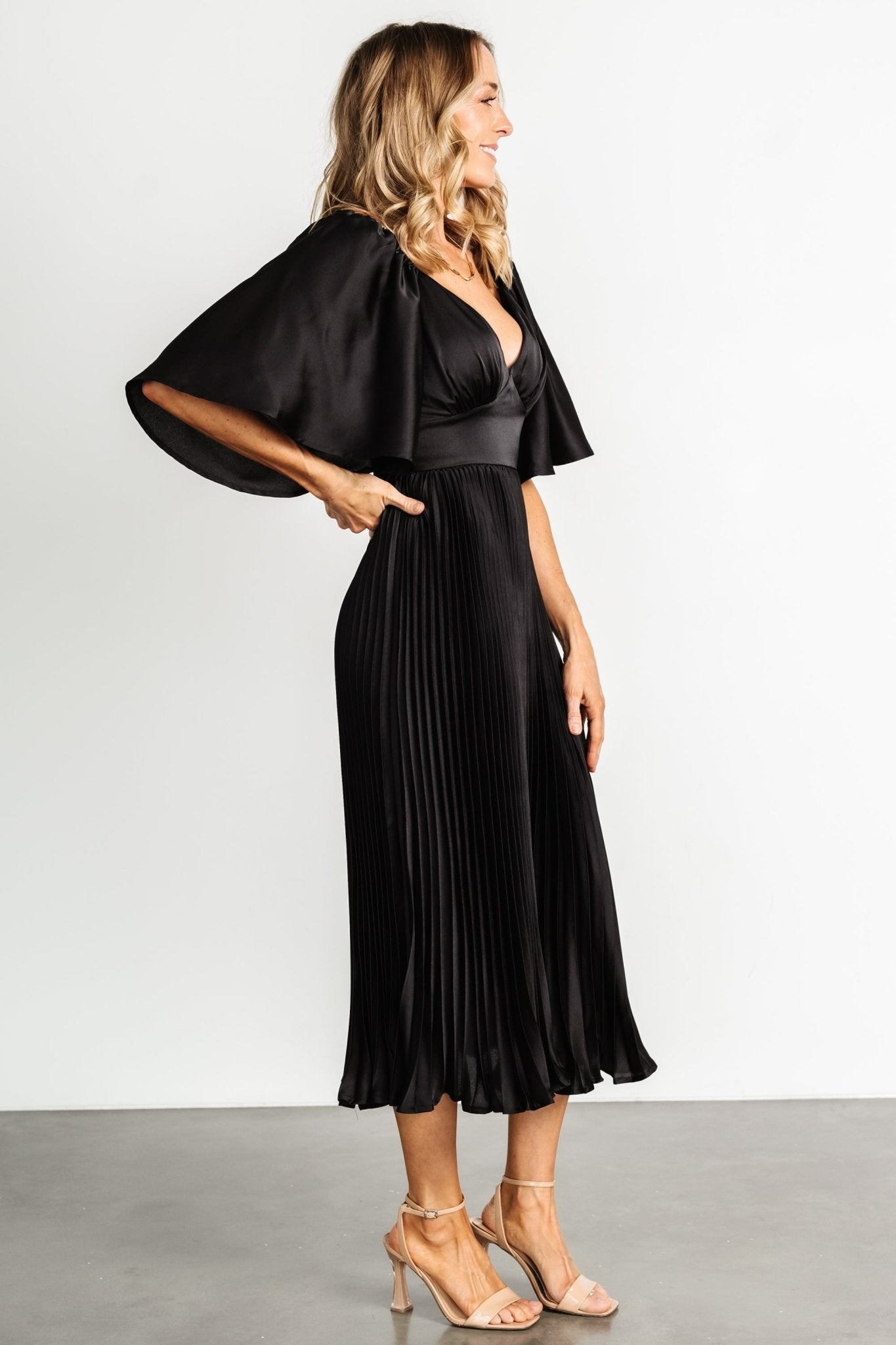 Black Pleated V-Neck Dress with Flutter Sleeves – Aubree by Baltic Born