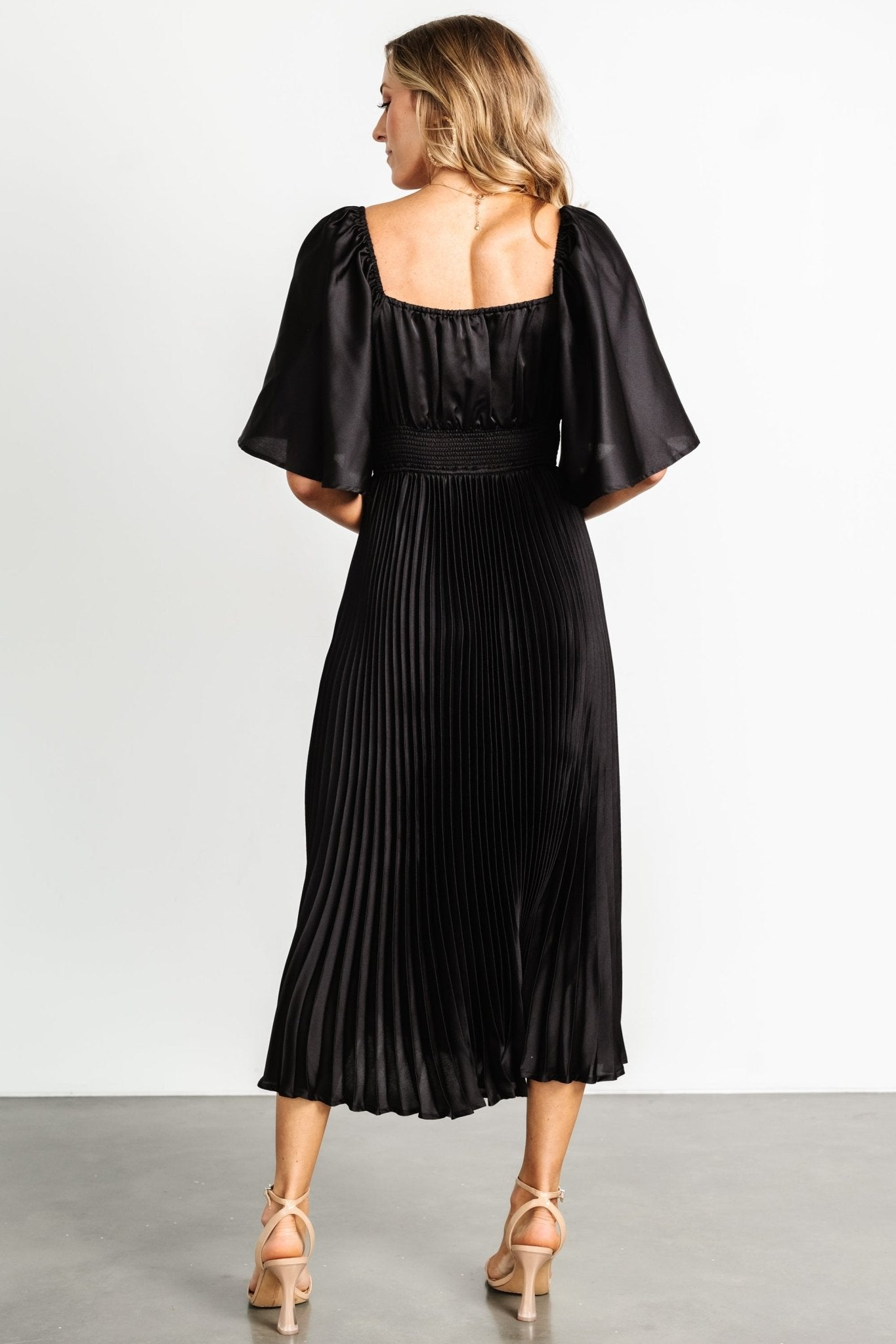 Black Pleated V-Neck Dress with Flutter Sleeves – Aubree by Baltic Born