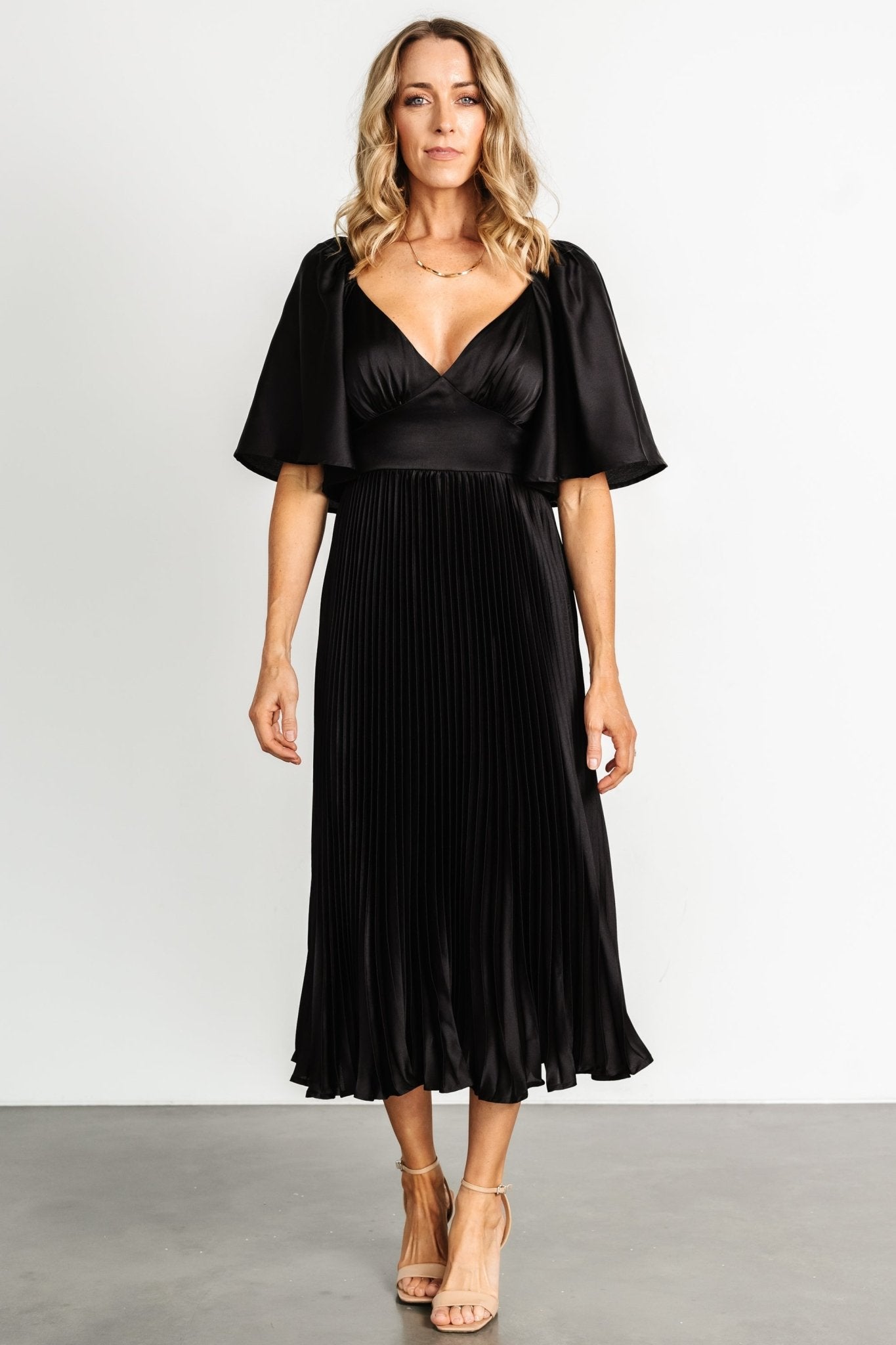 Black Pleated V-Neck Dress with Flutter Sleeves – Aubree by Baltic Born